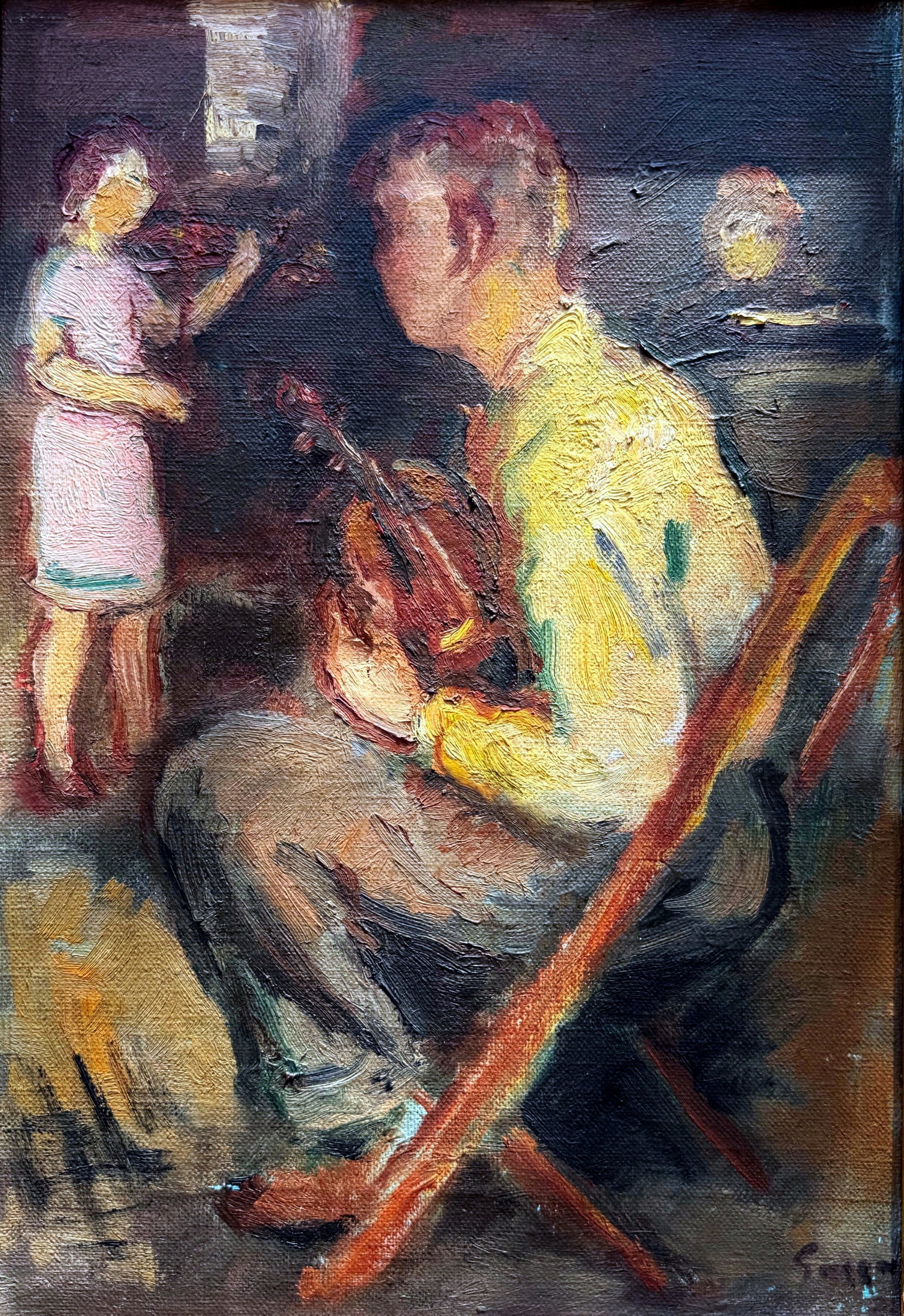 Bernard Gussow: Violinists, 1940s Oil on Canvas: Bernard Gussow (American, 1881-1957): Violinists, oil on canvas. Signed at Lower Right: Gussow. Canvas 13 x 9, Frame 17 x 13 inches. Gussow was born in Minsk (now Belarus), the son of Rabbi Mordecai G