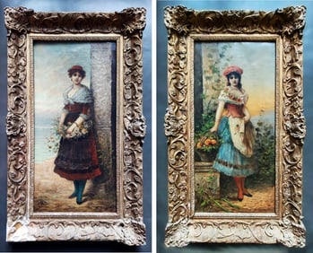 Baratto Romanelli: Girls, Two Paintings Oil/Canvas