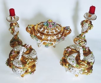 Benrose Capodimonte Porcelain Set: Tureen, 2 Bowls, 2 Candlesticks