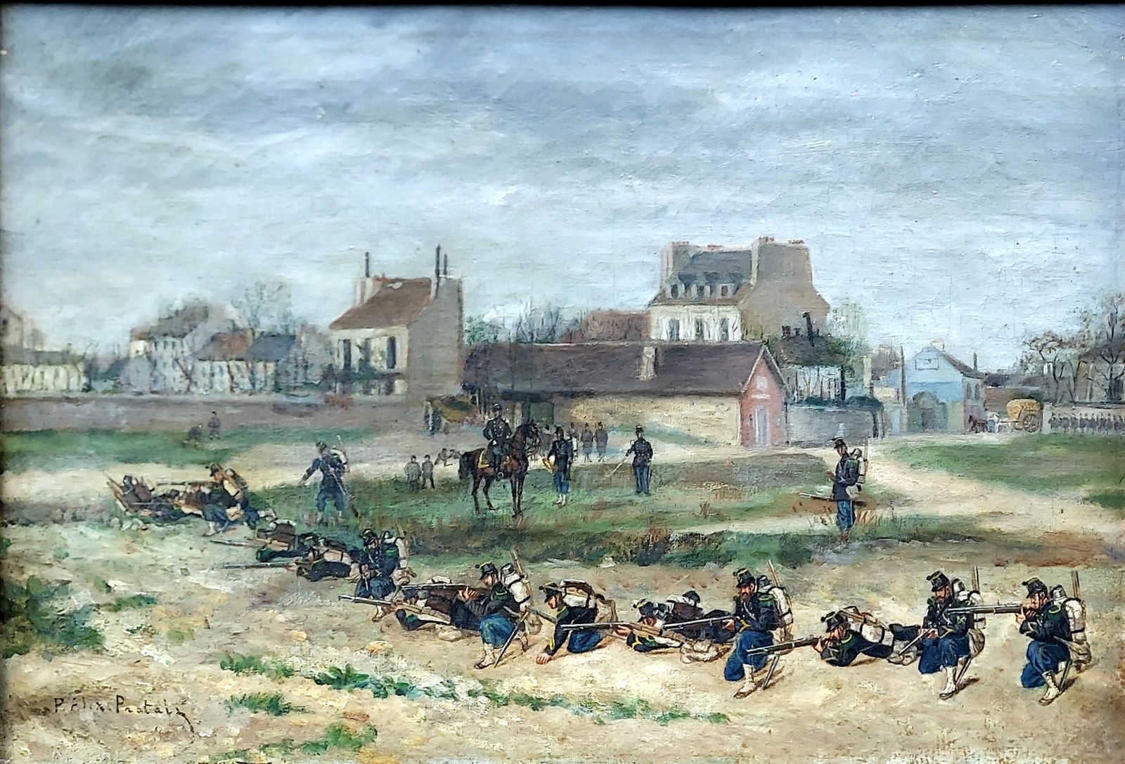 Paul Alexandre Protais: French Infantry Firing Practice 1870s Oil on Canvas: Paul Alexandre Protais (French, 1826 - 1890): Les Chasseurs d’Orléans in Firing Practice. Study in Oil on Canvas by Paul Alexandre Protais (French, 1826 - 1890), a French artist of historical s