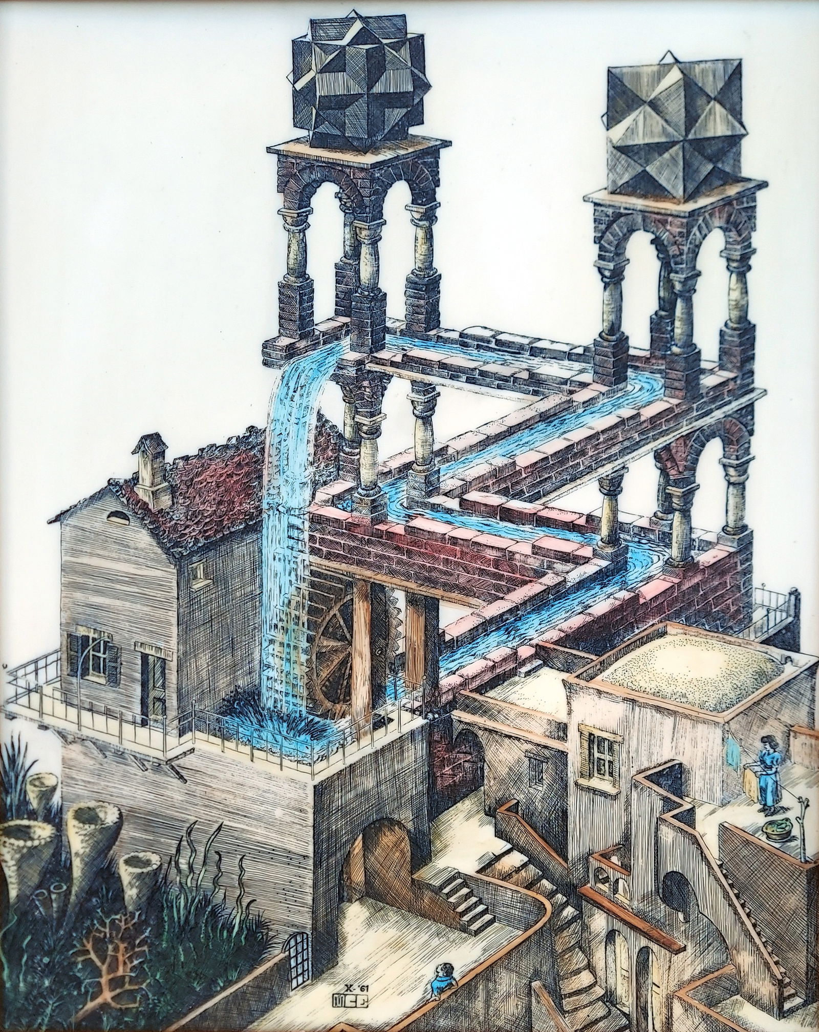 M. C. Escher (Dutch, 1898 - 1972), after: Waterfall, 1961 Mixed Media: After Maurits Cornelis Escher (Dutch, 1898 - 1972) Waterfall, 1961. A Scrimshaw etching of M.C. Escher's renowned Waterfall (Dutch title Waterval) on a faux ivory panel. Signed at the lower center wit