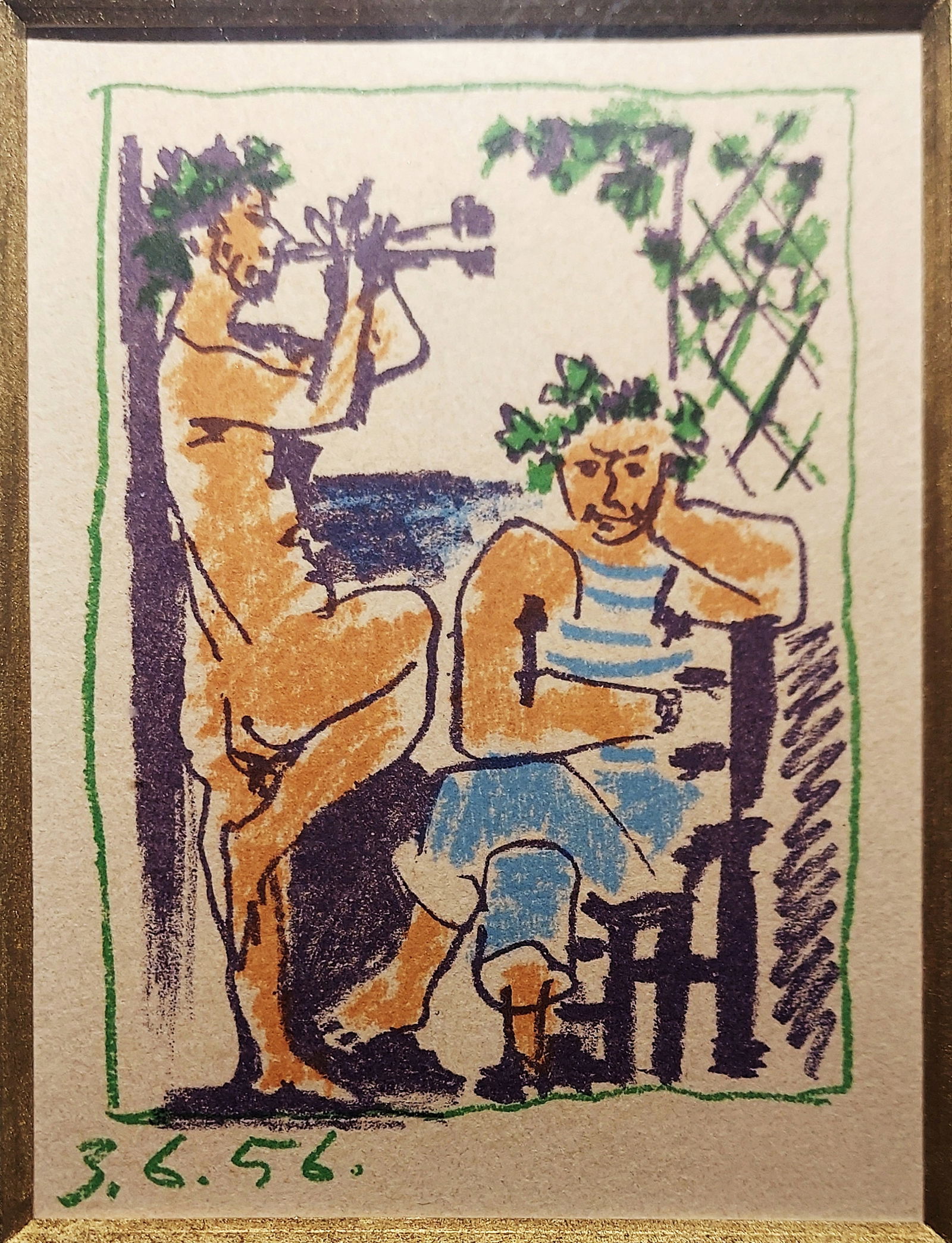 Pablo Picasso: Faune et Marin 1956, Lithograph on paper: Pablo Picasso: Faune et Marin (Faun and Sailor) Lithograph on paper 1956 Inscribed in plate by Picasso: 3.6.56. The lithograph cover of the 1956 exhibition catalog at the Galerie 65 in Cannes (Vivre N
