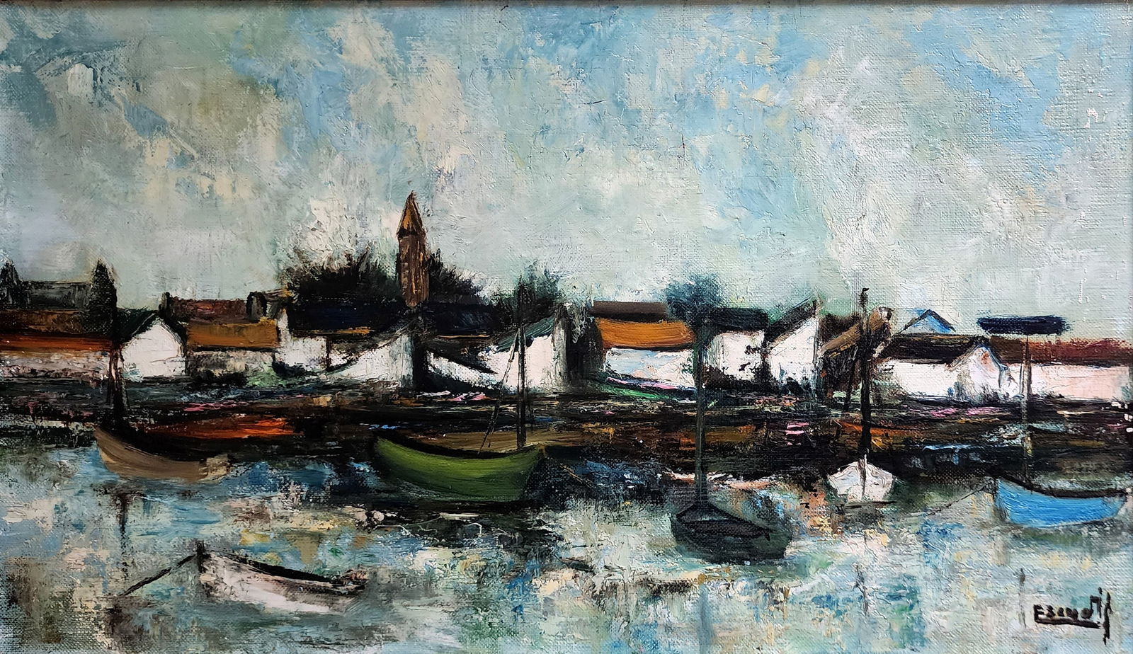 Roger Escudie: L’ile de Noirmoutier Bateaux 1970 Oil/Canvas: Roger Escudie (French, 1920-1990): Island of Noirmoutier, fishing boats. Oil on canvas, signed lower right. Dimensions: Sight 17x10, Frame 22.5x 15 in. Roger Escudie (French, 1920-1990)