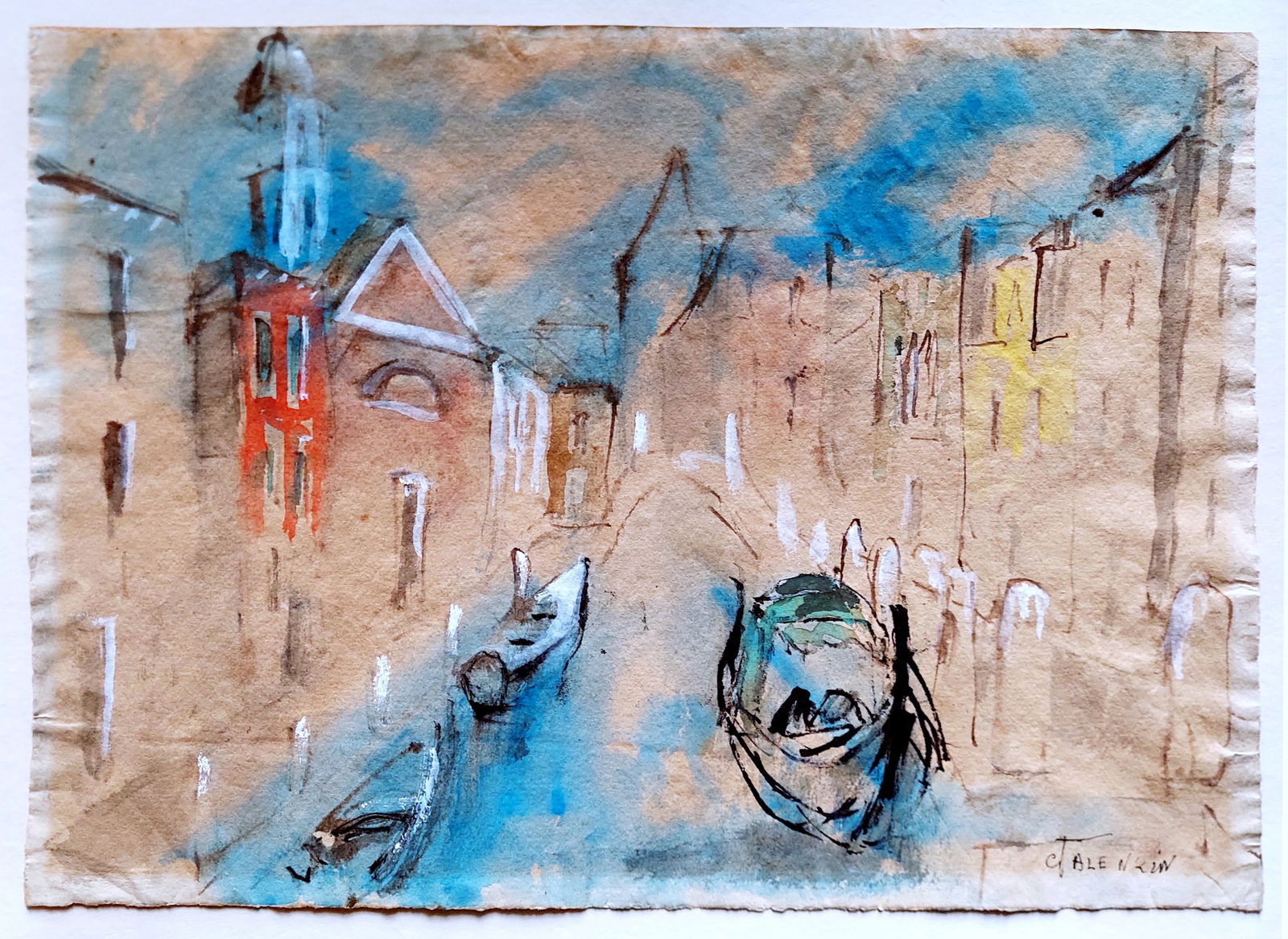 Giorgio Valenzin: Venice, Watercolor/Ink, 1950s: Giorgio Valenzin (Italian, 1901-1978): Venice, Watercolor/Ink Signed at the bottom right. Sheet 16 x 12, Frame 22 x 18 inches Giorgio Valenzin, born in Pordenone from a Jewish family, first become kno