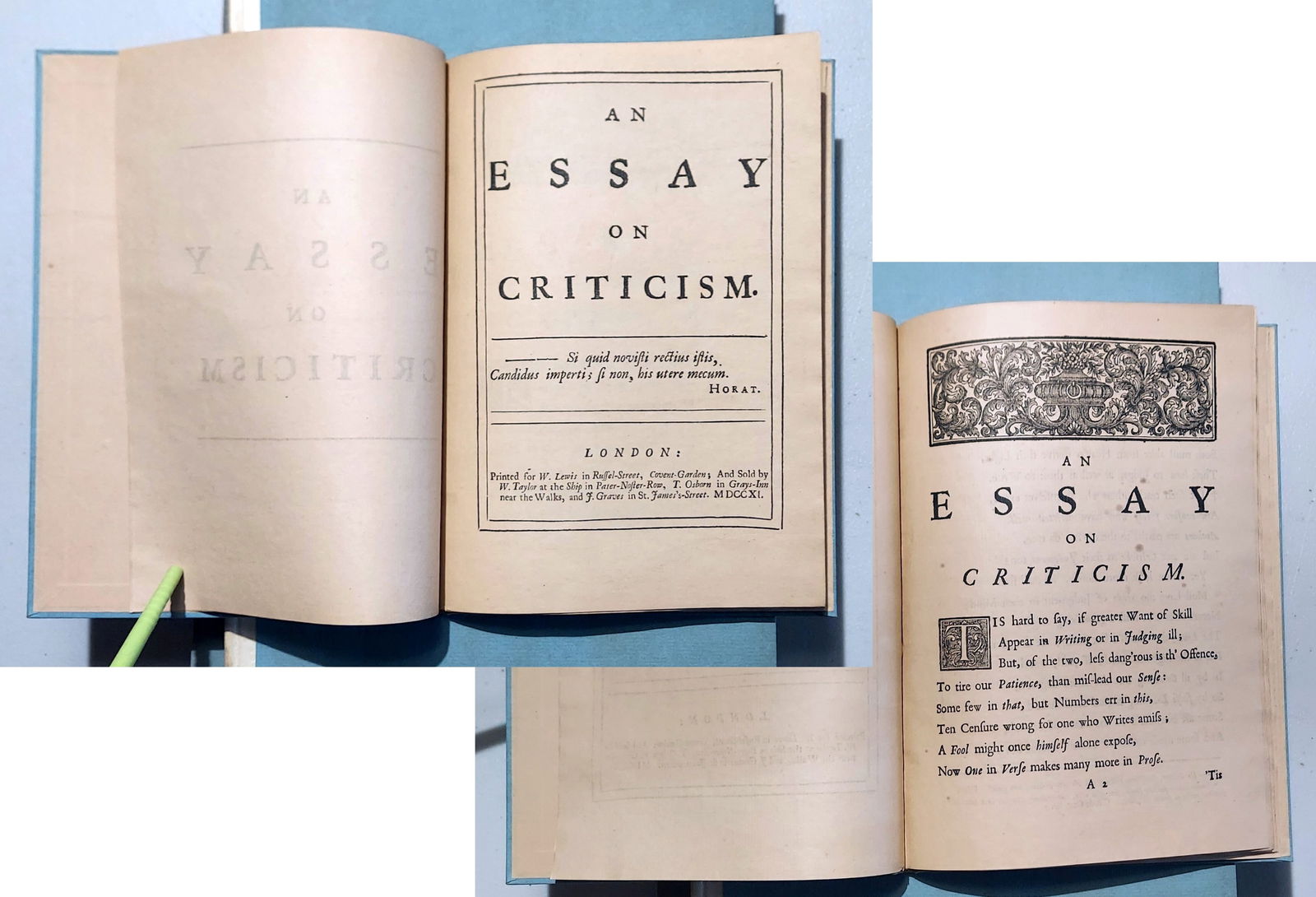 Alexander Pope: An Essay on Criticism, 1711. Facsimile 1928: An Essay on Criticism, first published in 1711 is one of the first major poems written by the English writer Alexander Pope (1688 – 1744). Limited edition, Number 169 of 250 copies, together with 17