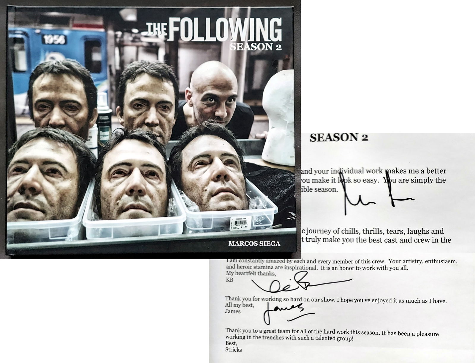The Following: Signed Cast & Crew Photobook, Season 2013-15: The Following Series: end of season 2, wrap gift signed photo book for Cast and Crew, 2013-2015. Signed by the author and director, Marcos Siega, stars Kevin Bacon and James Purefoy. An original photo