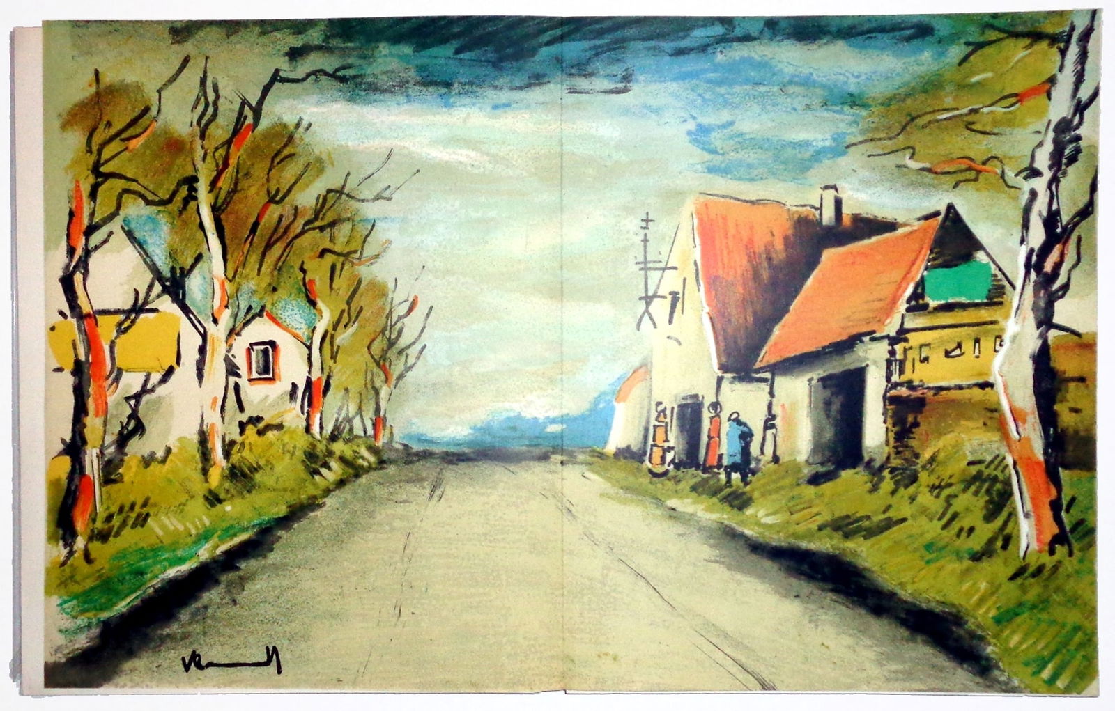Maurice de Vlaminck: La Route 1957 Lithograph by Mourlot: Vlaminck, by Pierre Mac Orlan Edition on 2000, 1958, Monte Carlo, Sauret and New York, Universe Books. Full-color double size (13x 24 in) original lithograph 1957 of Vlaminck by Mourlot. Four original