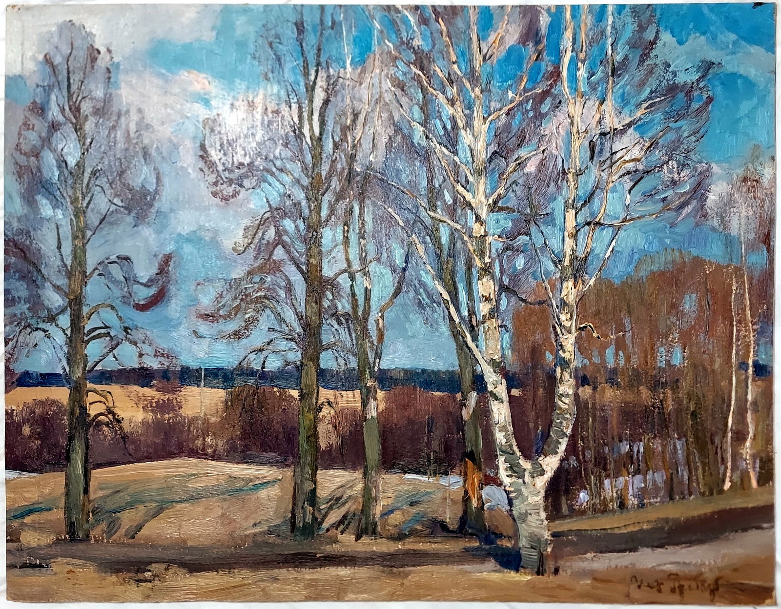 Igor Grabar: Landscape Study, Oil on Cardboard: Igor Emmanuilovich Grabar (Russian, 1871 - 1960): Landscape Study in oil on cardboard mounted on hardboard. Signed at the Lower Right. Dimensions Sight 26 x 20, Frame 32 x 26 inches. Igor Emmanuilovic