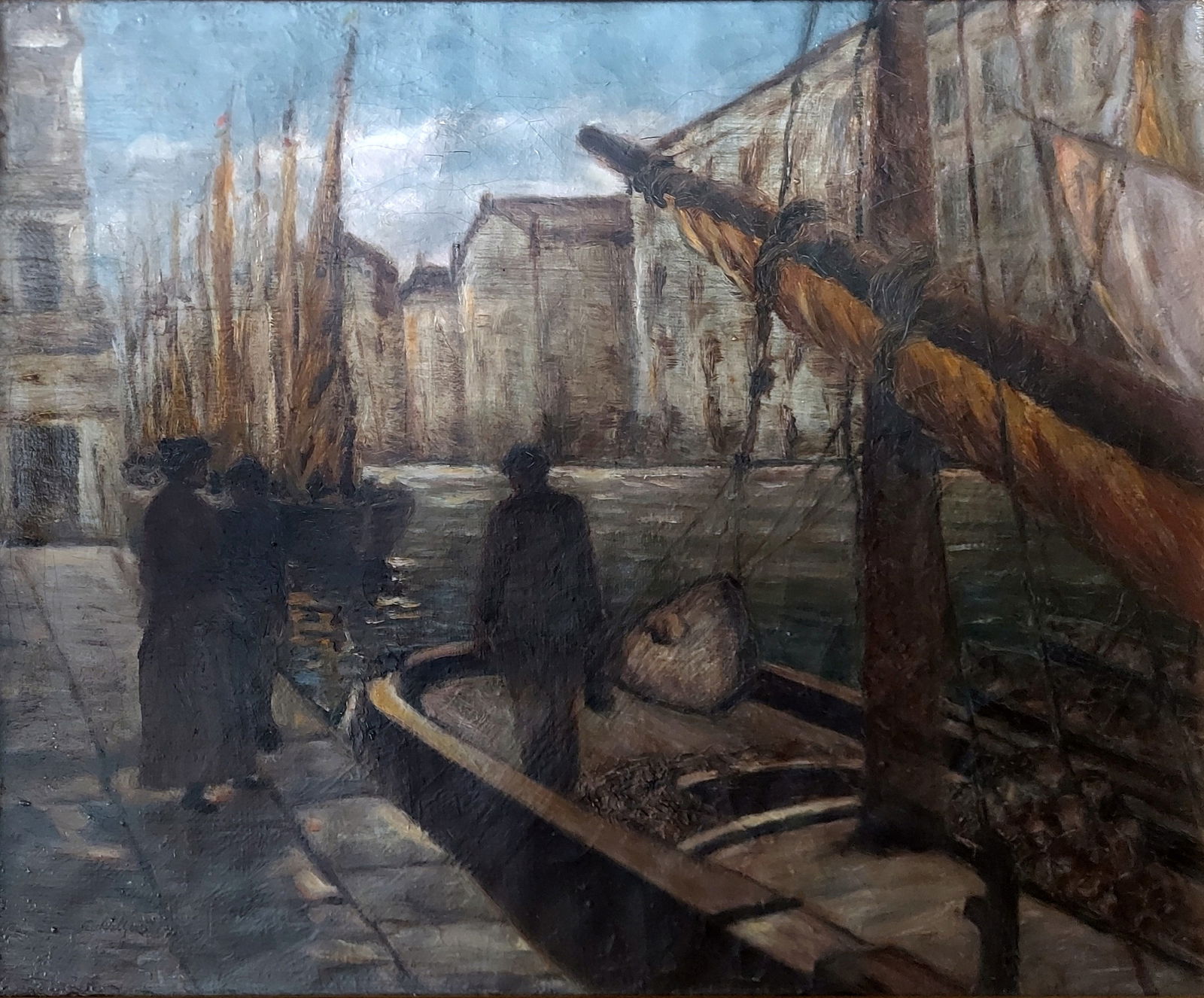 Géza Szakál: At the Pier, Oil on Canvas, c.1910s: Géza Szakál (Hungarian, 1883-1959): At the Pier. Oil on Canvas, c.1910s. Signed at the lower left. 23 x 19.5, Frame 27 x 23.5 inches. Géza Szakál was a Hungarian painter, graphic a