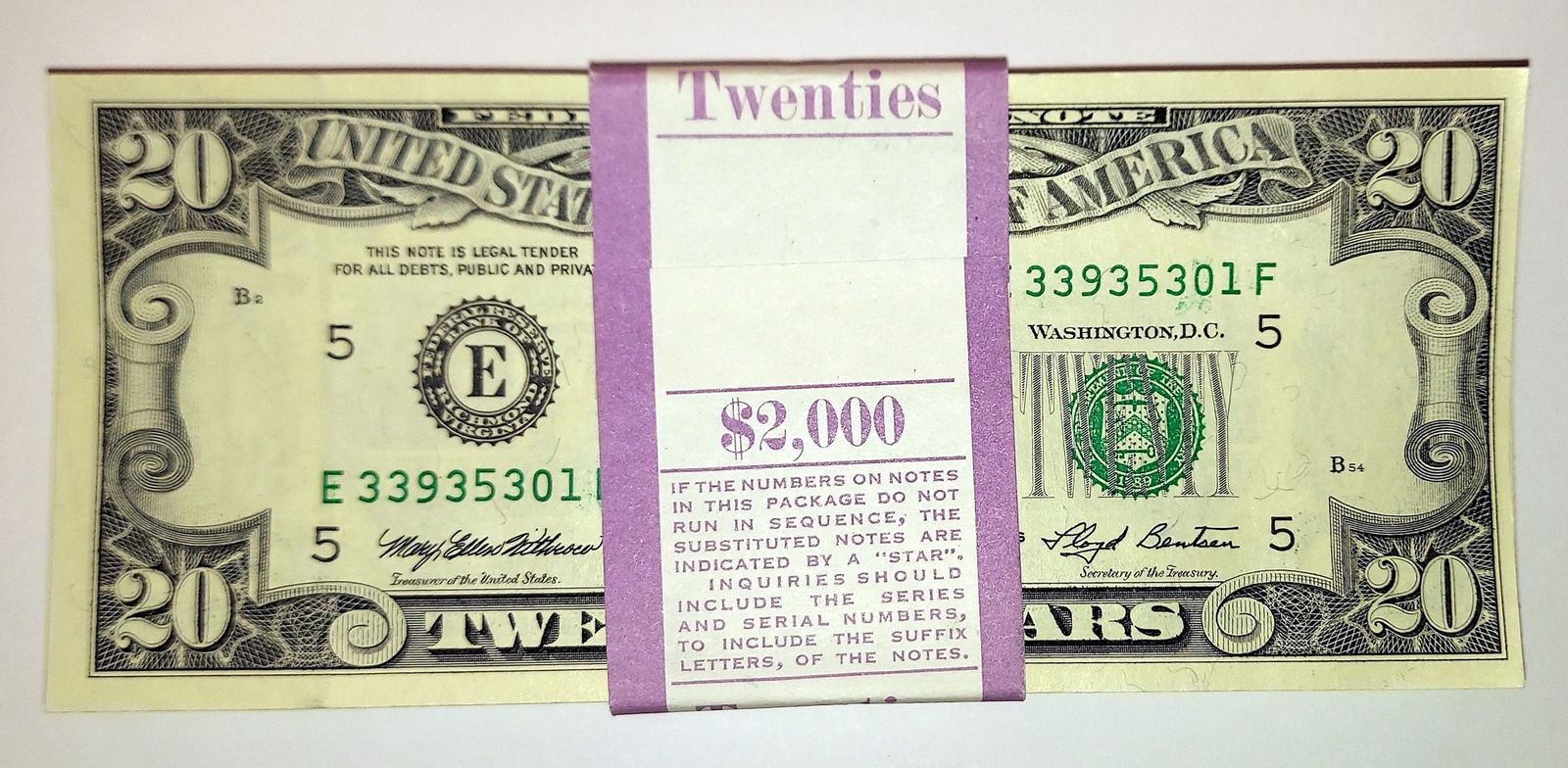 1993 Uncirculated Strap of 100 $20 Sequential Notes (1 of 5)