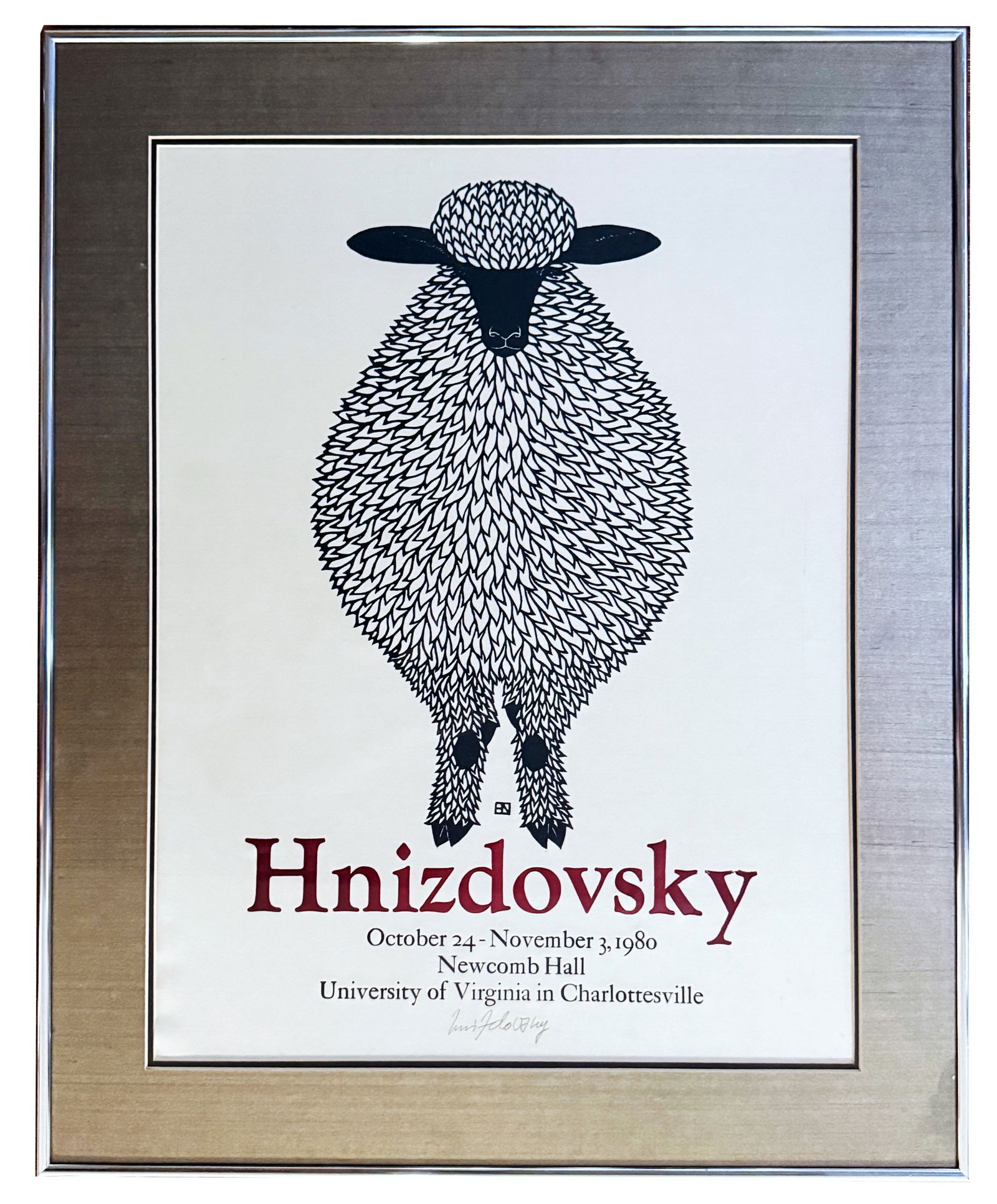 Jacques Hnizdovsky: The Sheep 1980 Signed Lithograph: Jacques Hnizdovsky (Ukrainian, 1915–1985): The Sheep, signed by the artist, the original 1980 lithographic poster for his exhibition at the University of Virginia in Charlottesville. Sight 24 &frac1