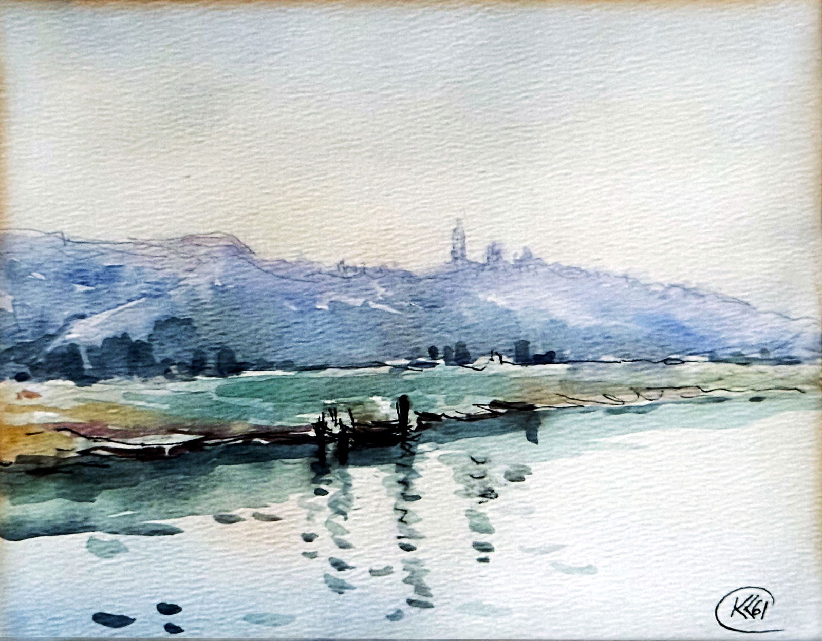 Kateryna Krychevska-Rosandych: Lavra from the Dnieper 1961 Watercolor: Kateryna Krychevska-Rosandych (Ukrainian-American, 1926 - 2021): The Kyiv Lavra from the Dnieper. Watercolor, 1961. Signed/Dated at lower right. Verso, title, gift inscription and signature in Ukraini