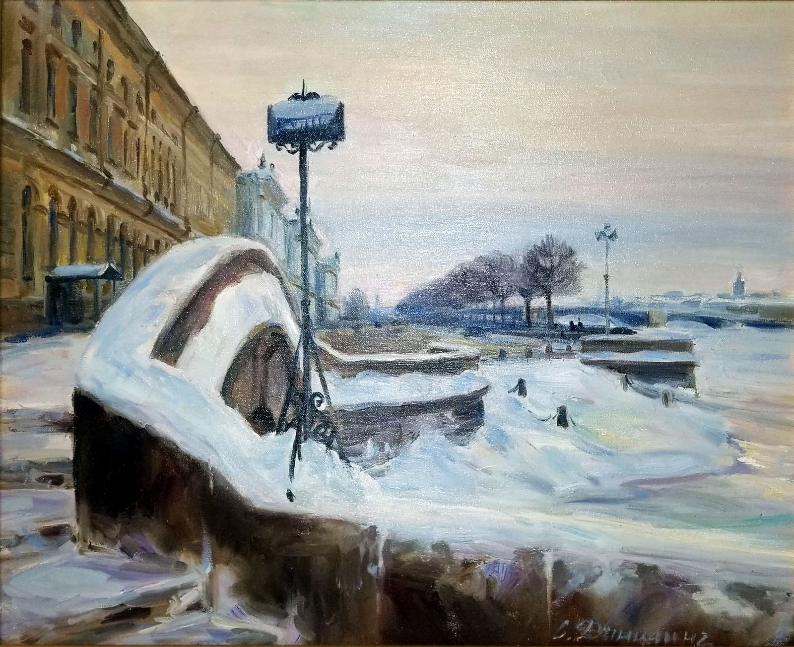 Sergei Danilin: St.Petersburg 1990s Oil/Canvas: Sergei Danilin (Russian, b.1955): Winter in St. Petersburg. c.1990s Oil on Canvas Signed at the lower right Canvas 16 x 20 , Frame 22 x 26 Sergei Danilin (Russian, b.1955)