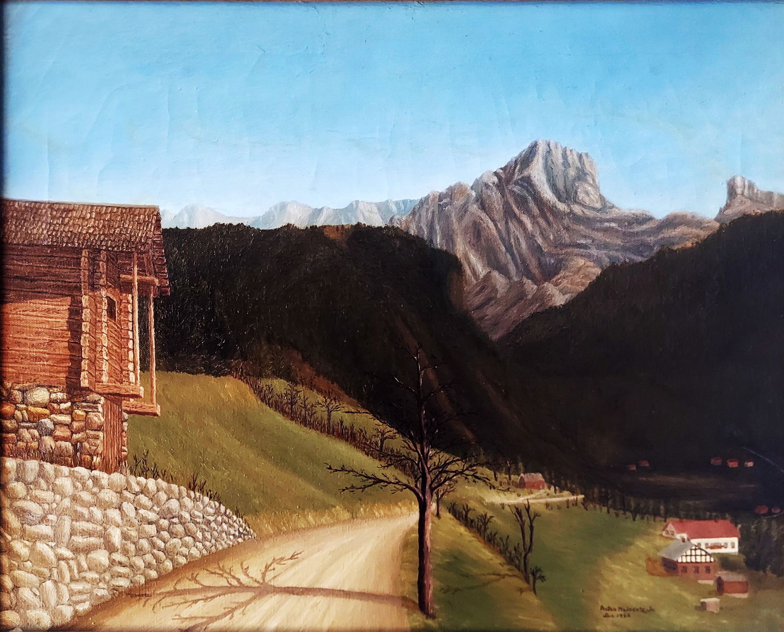 Anton E. Mainente Jr: Tirolean Landscape 1962 Oil on Canvas: Anton Emile Mainente (American, 1922 – 2009): Tirolean Landscape 1962. Oil on Canvas 20 x 16, wooden frame 24 x 20 inches. Anton Emile Mainente (American, 1922 – 2009) a prolific Naïve style