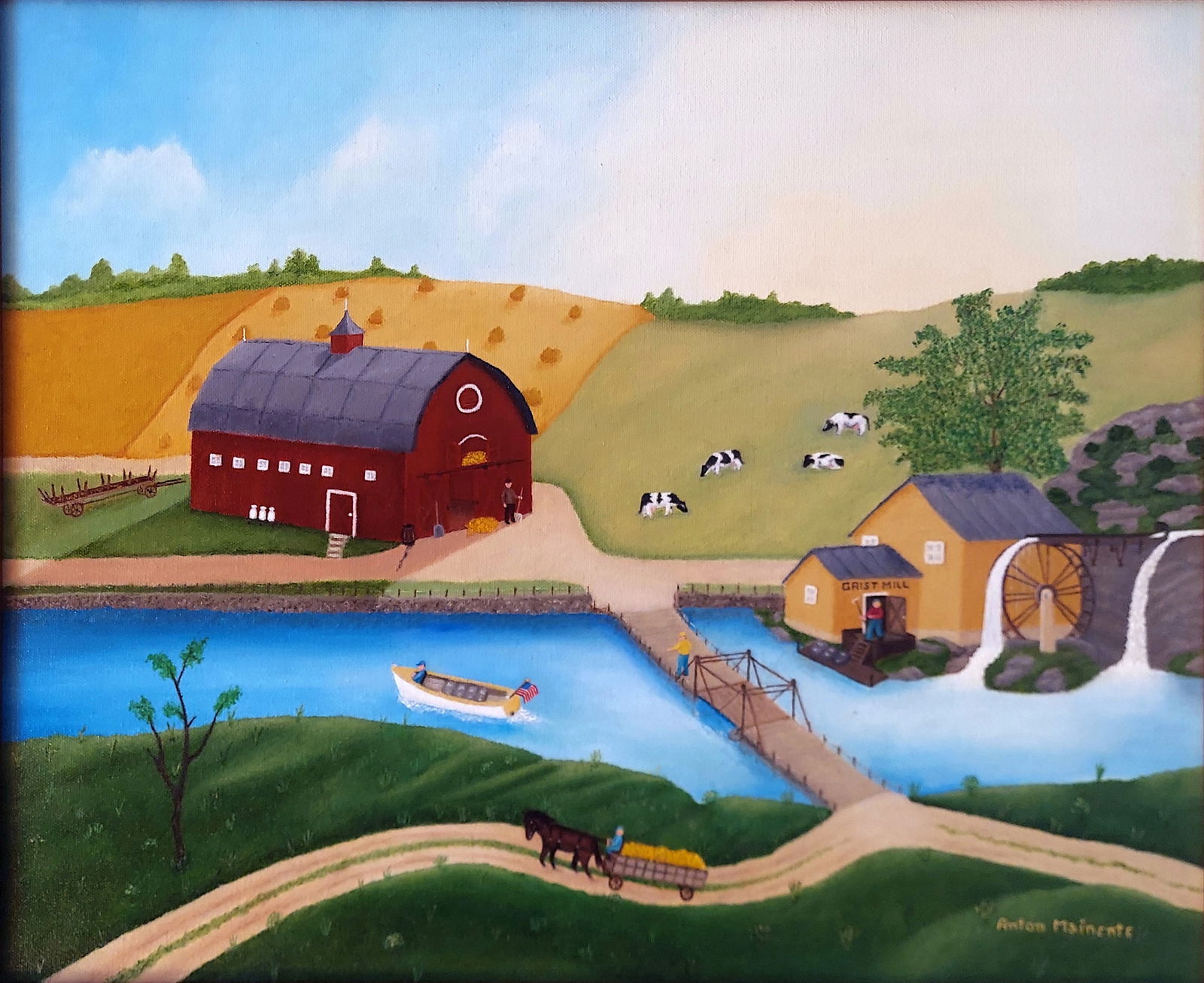 Anton E. Mainente Jr: The Grist Mill, 2003 Oil on Canvas: Anton Emile Mainente (American, 1922 – 2009): The Grist Mill, 2003. Oil on Canvas 20 x 16, wooden frame 25 x 21. Anton Emile Mainente (American, 1922 – 2009) a prolific Naïve style painter,