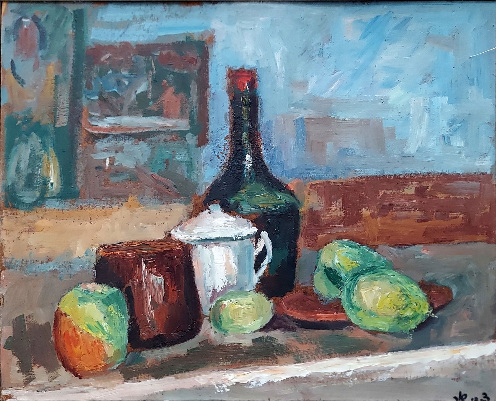 Zvi Shor: Still Life, Oil on Board, c.1950s: Zvi Shor (Shorr), Israeli, 1898, Sataniv, Ukraine – 1979, Petah Tikva, Israel): Still Life, Oil on Board, c.1960s. Signed in Hebrew at the lower right. 18x14.5 inches. Born in Sataniv, Ukraine, Zvi