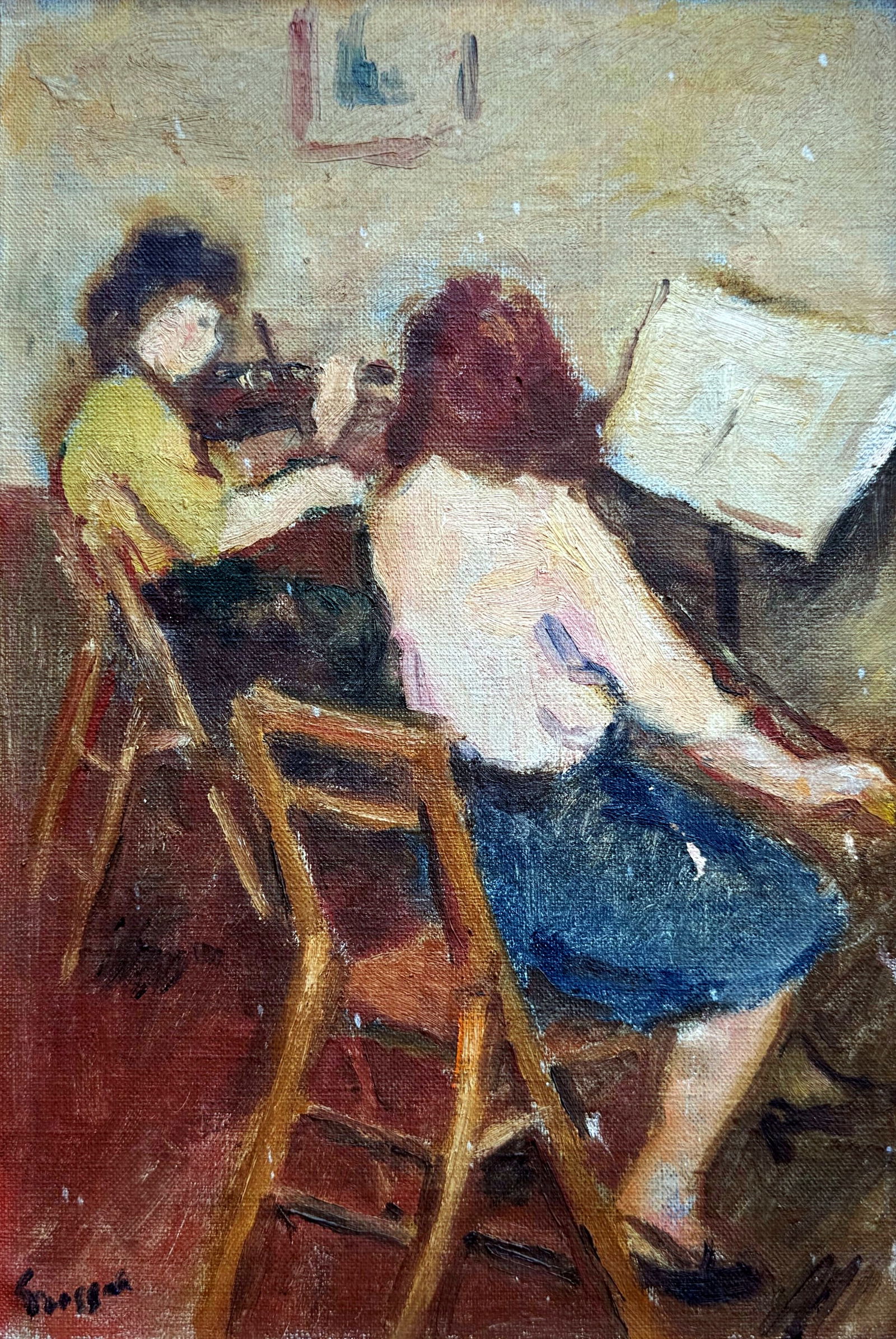 Bernard Gussow: Violinists 1940s Oil on Canvas: Bernard Gussow (American, 1881-1957): Violinists, oil on canvas. Signed at Lower Left: Gussow. Canvas 13 x 9, Frame 17 x 13 inches. Gussow was born in Minsk (now Belarus), the son of Rabbi Mordecai Gu