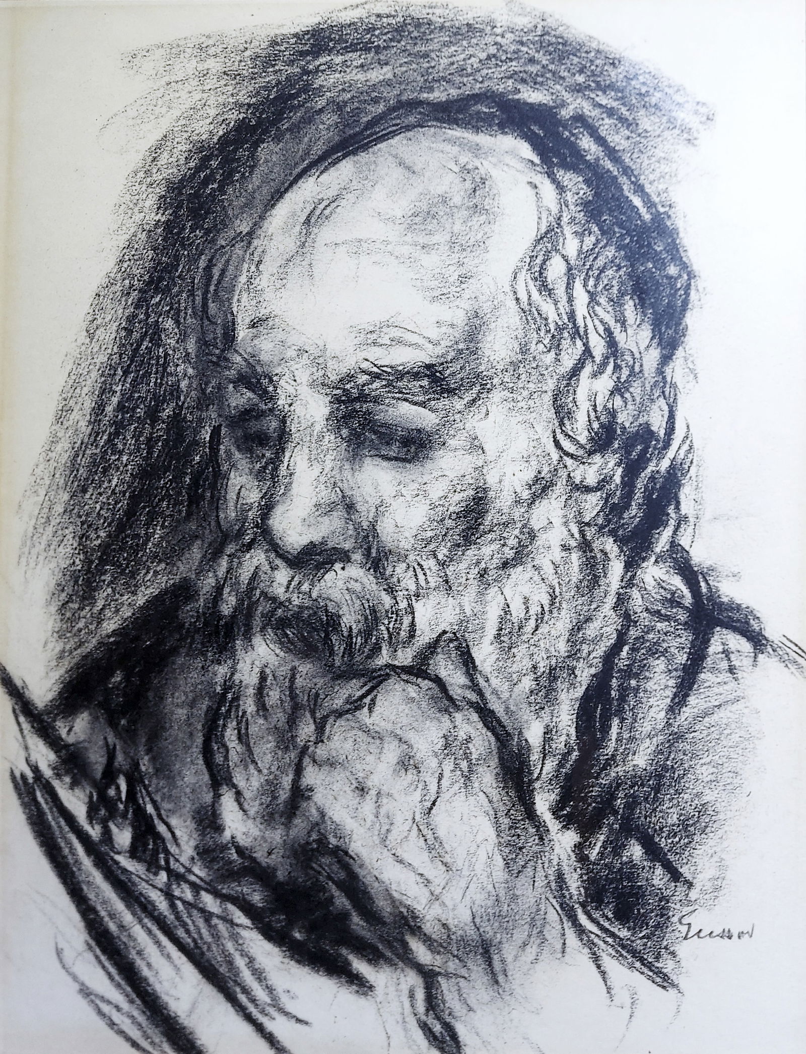 Bernard Gussow: Portrait of an Old Man, 1940s Charcoal (1 of 3)