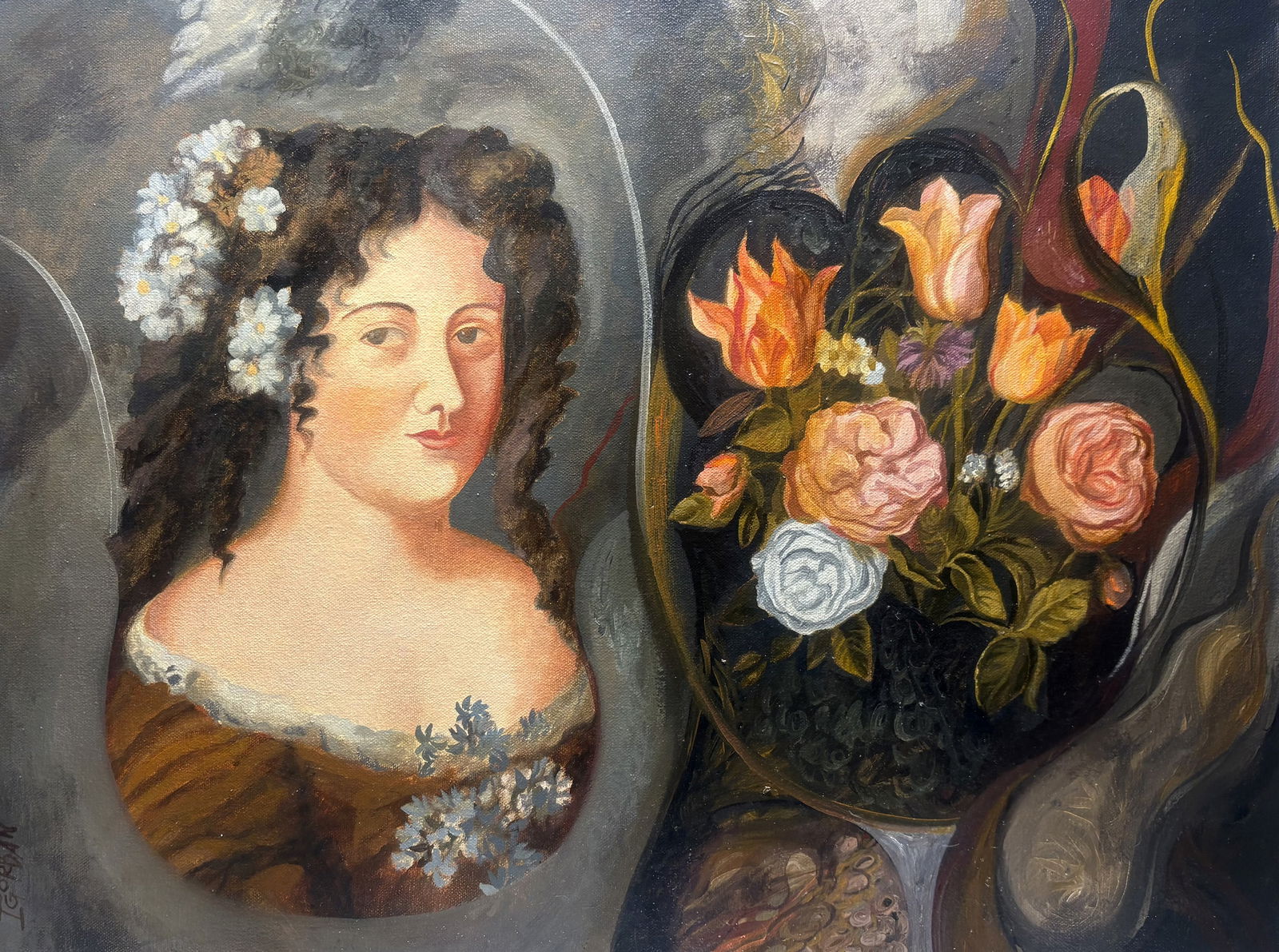 Girl with Flowers, 2018, Oil on Canvas, Igor Gorban (American, b.1957): Girl with Flowers, 2018 Oil on canvas, 18 x 24 inches The surrealist painting combines portraiture and still life, creating a unique diptych. In the foreground, a young woman with soft facial features