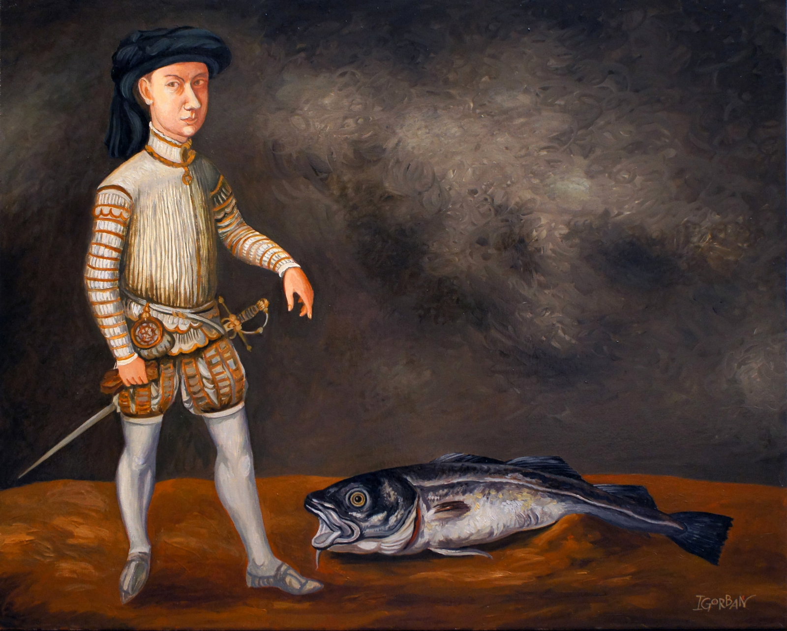 Nobleman and the Catch, 2014, Oil on Canvas, Igor Gorban (American, b.1957): Nobleman and the Catch, 2014 Oil on canvas, 24 x 30 inches A charming and whimsical surrealist painting portraying a Renaissance-styled noble figure with his impressive fish, offering collectors a del
