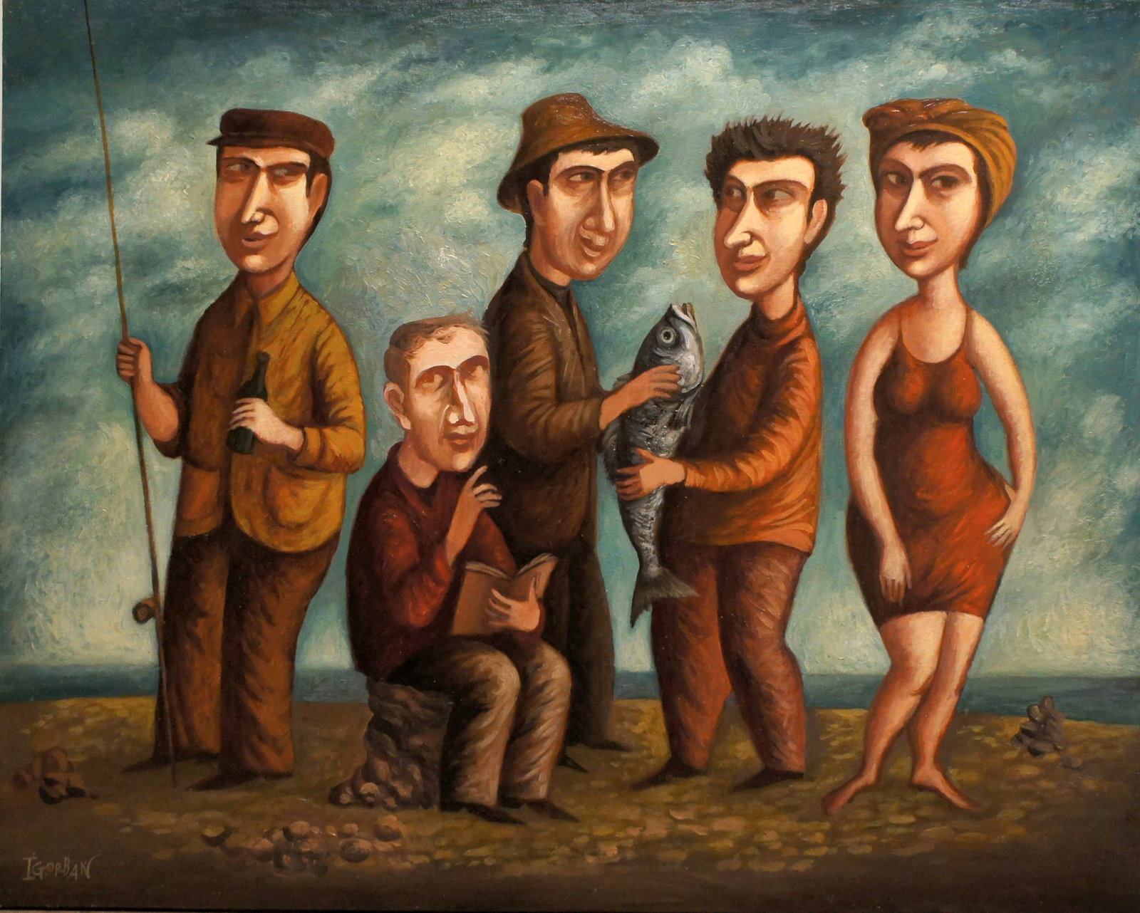 Shoreline Paradox, 2014, Oil on Canvas, Igor Gorban (American, b.1957): Shoreline Paradox, 2014 Oil on canvas, 24 x 30 inches This surrealist painting portrays a group of individuals gathered on a shoreline, each absorbed in their own role within an enigmatic scene. The c