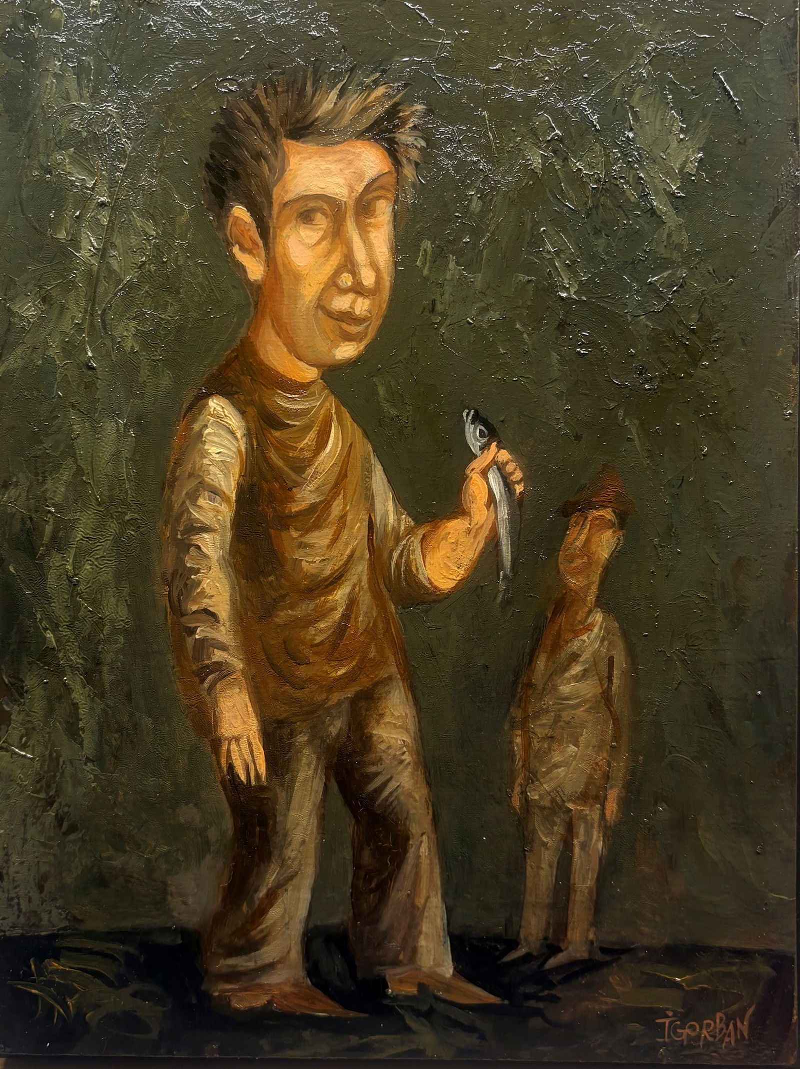Man with a Tiny Fish, 2013, Oil on Panel, Igor Gorban (American, b.1957): Man with a Tiny Fish, 2013 Oil on panel, 12 x 9 inches in a surrealist painting, a witty scene depicting a large figure proudly holding a tiny fish while another character watches in the background. I