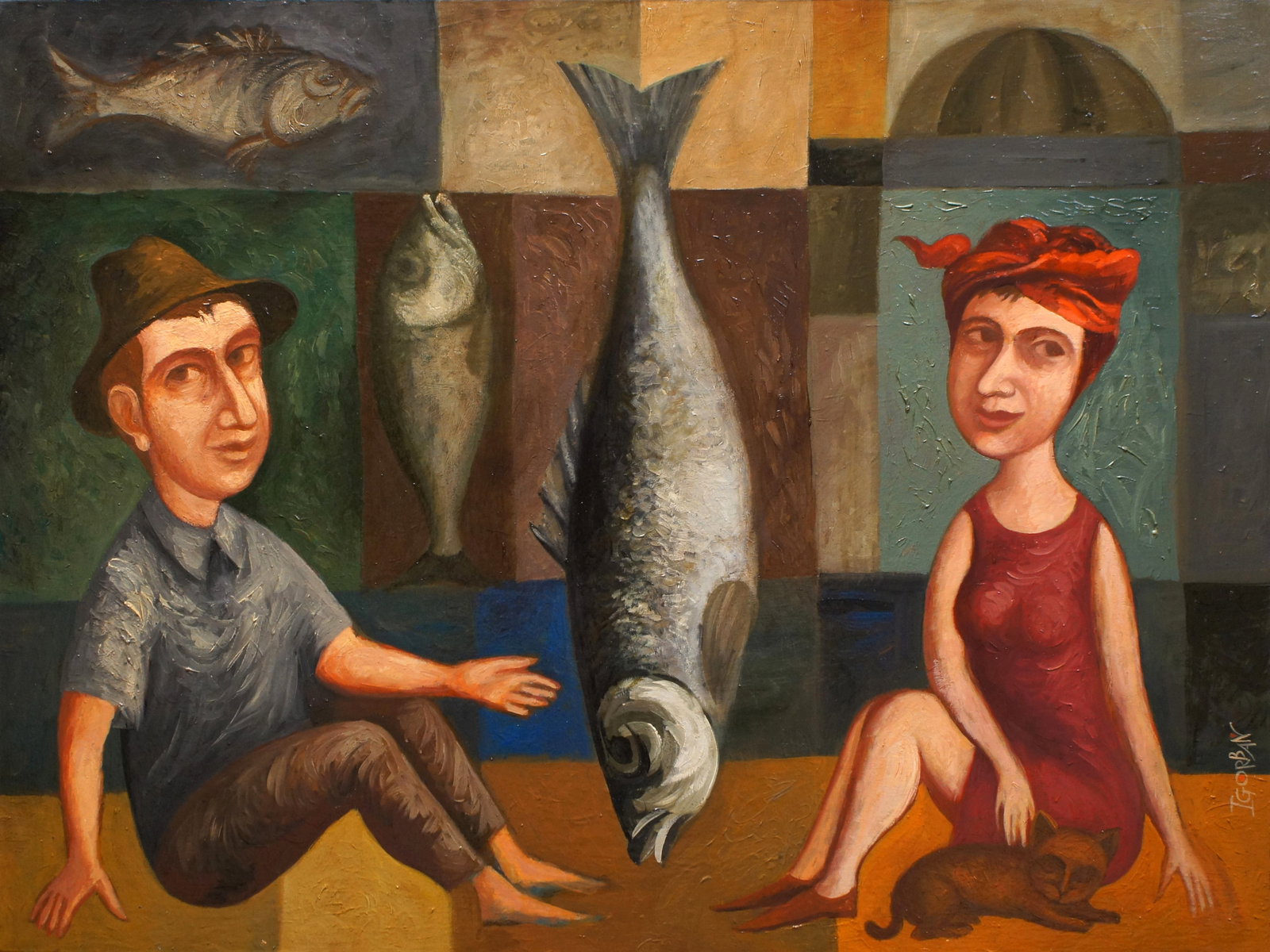 Coastal Date, 2014, Oil on Panel, Igor Gorban (American, b.1957): Coastal Date, 2014 Oil on panel, 18 x 24 inches The surrealist painting Coastal Date depicts a whimsical and surreal rendezvous by the shore. The couple sits together in a dreamlike coastal setting, s