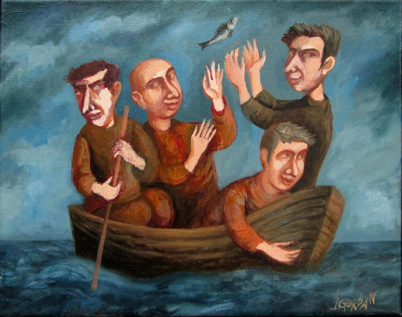 On the Boat, 2015, Oil on Canvas, Igor Gorban (American, b.1957): On the Boat, 2015 Oil on canvas, 8 x 10 inches In this witty and lively surrealist painting, four men are crowded together in a small boat, each reacting with exaggerated gestures as a fish leaps out