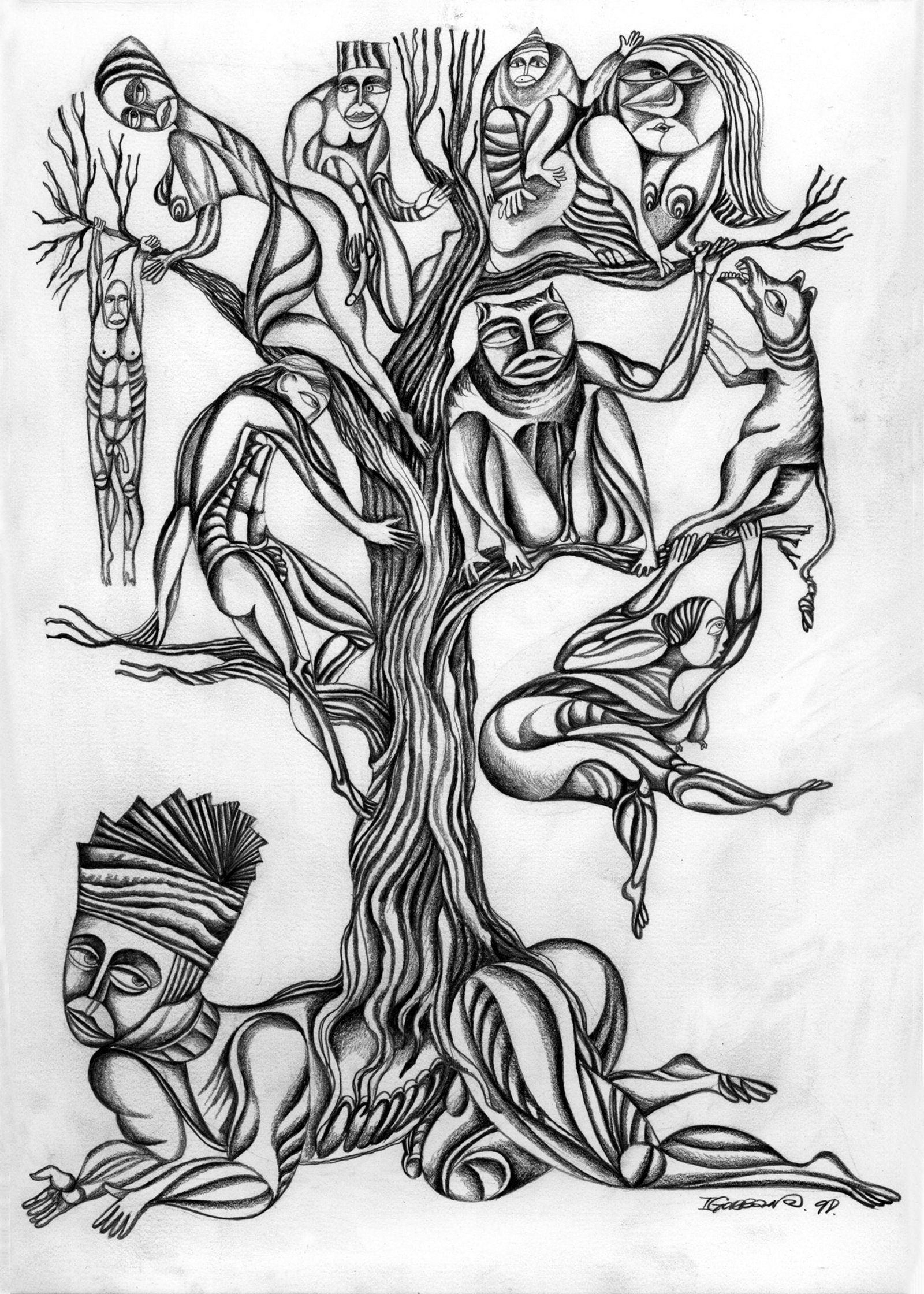 The Tale of an Unusual Tree, 1998, Pencil, Paper, Igor Gorban (American, b.1957): The Tale of an Unusual Tree, 1998 Pencil on paper, 14 x 11 inches The surrealist pencil drawing shows human figures intertwined with the branches, as if the tree itself gives rise to stories. Each cha
