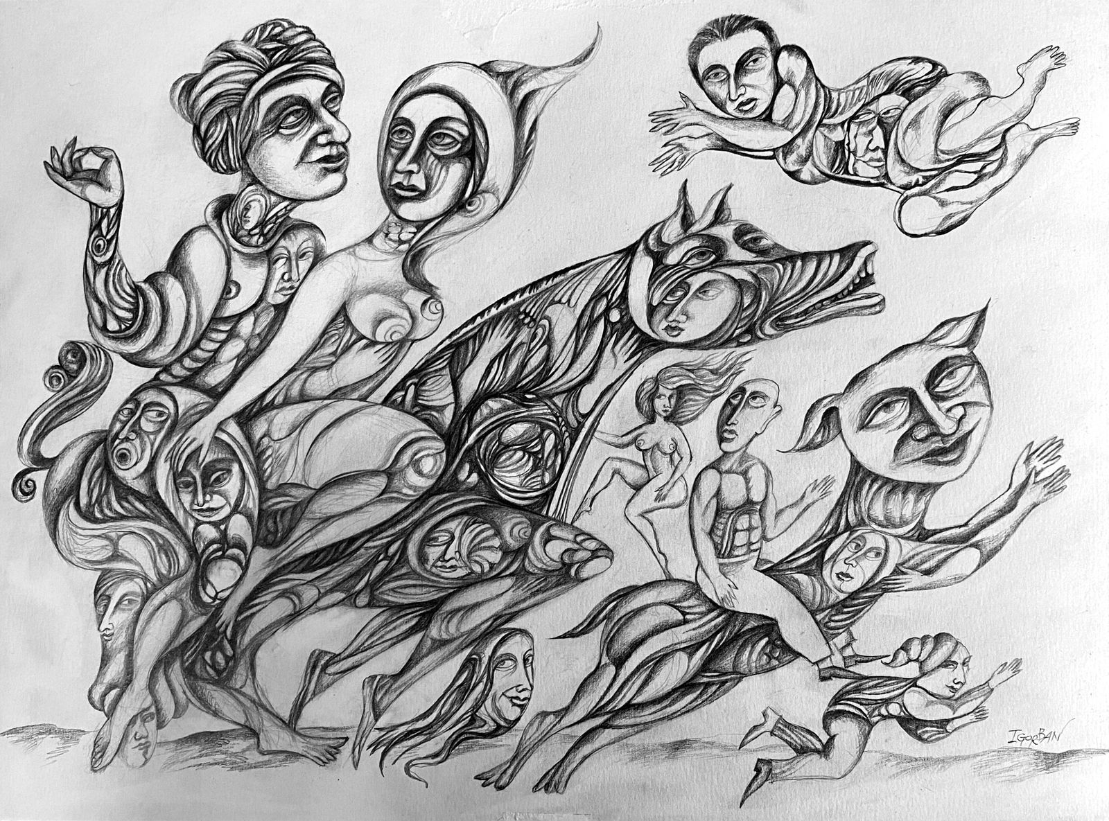 Collective Run, 2023, Pencil, Paper, Igor Gorban (American, b.1957): Collective Run, 2023 Pencil on paper, 11 x 14 inches Collective Run depicts a surreal journey where human forms, animals, and faces merge into one flowing surrealist pencil drawing. Each figure contri