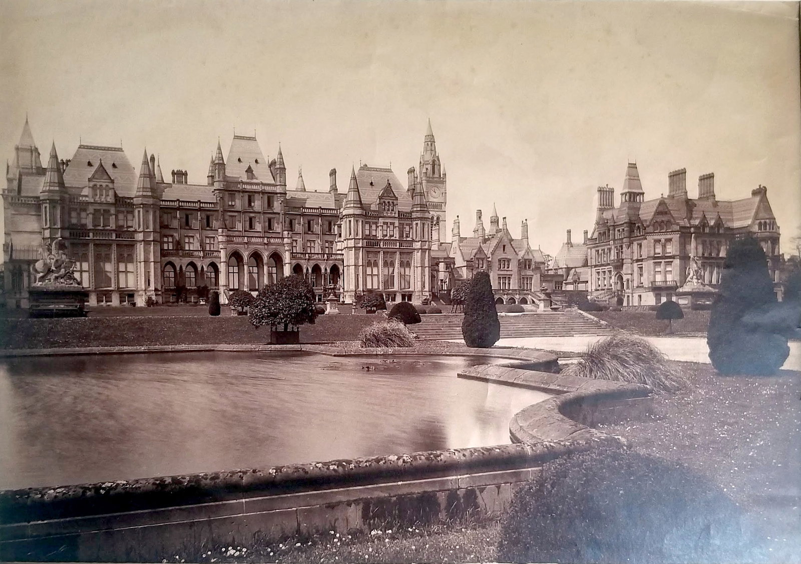 Francis Bedford: Eaton Hall, 182 Albumen Print: Eaton Hall (Waterhouse), Chester, Cheshire County England, about 1882, 8" x 11" Albumen silver print. The photograph c.1882 with the East garden front of Waterhouse's Eaton Hall. The main block is on 