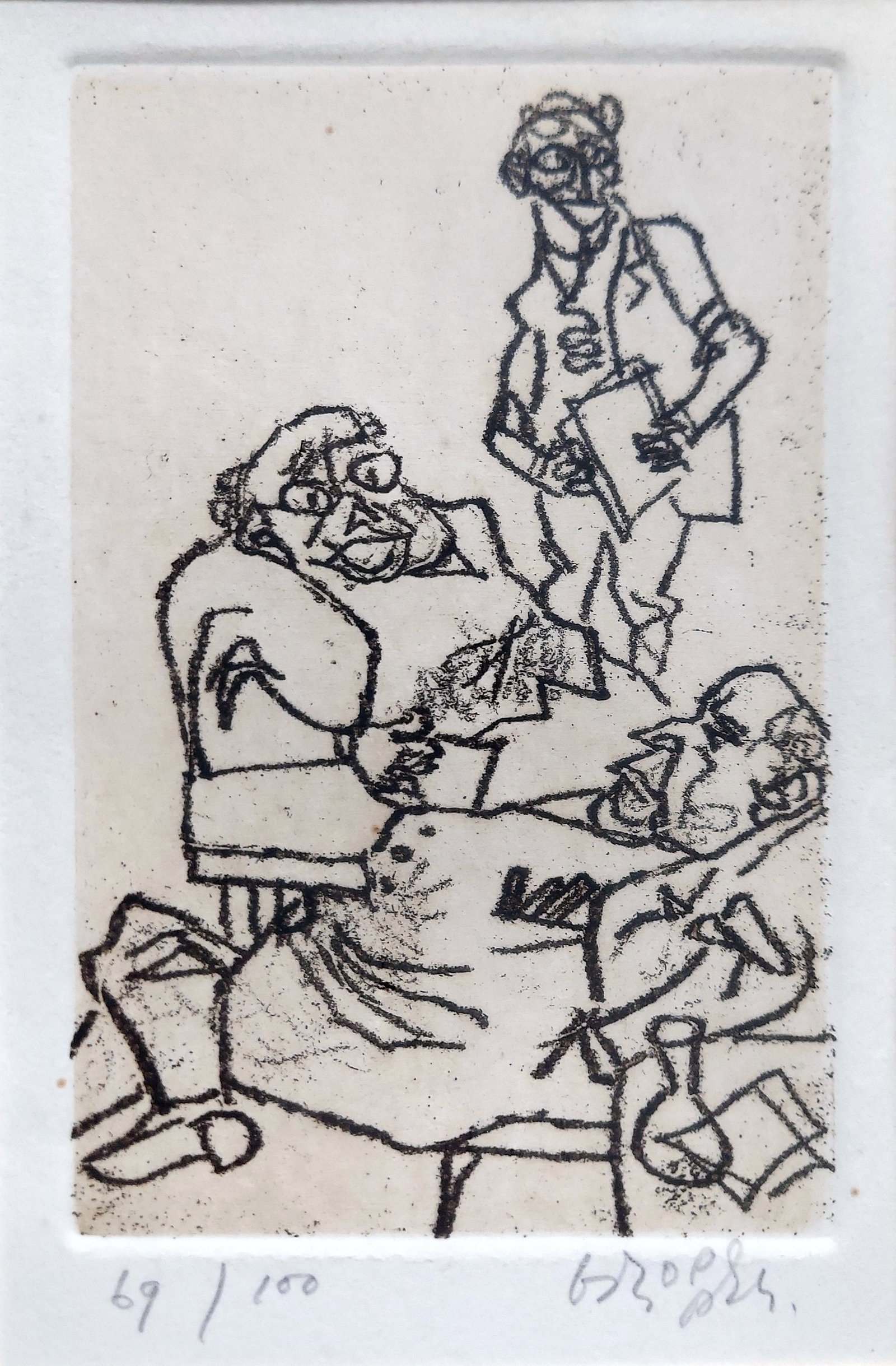 William Gropper (American, 1897–1977): Club Members, 1968 Etching: William Gropper (American, 1897–1977): Club Members, 1968. The original etching from the Senate Series in brown ink on beige paper. Hand-signed in pencil by the artist and numbered 69/100 in the
