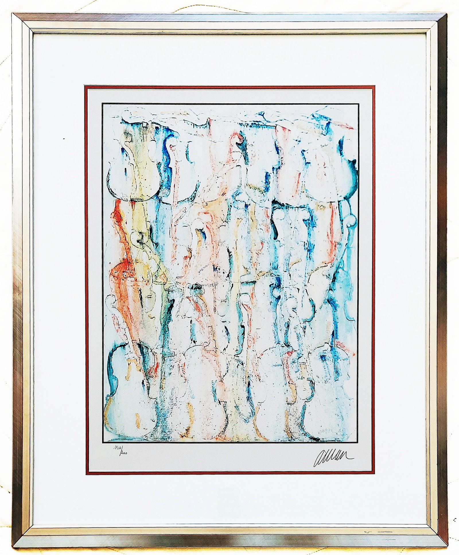 Arman Fernandez (1928-2005): Violins, Lithograph Edition 150/200: Arman Fernandez (French, 1928–2005): Violins, lithograph in 4 colors. Signed and numbered by artist at lower edge. Edition 150/200. Dimensions: Sight 27 x 20, Frame 31 x 38 inches. Features one 