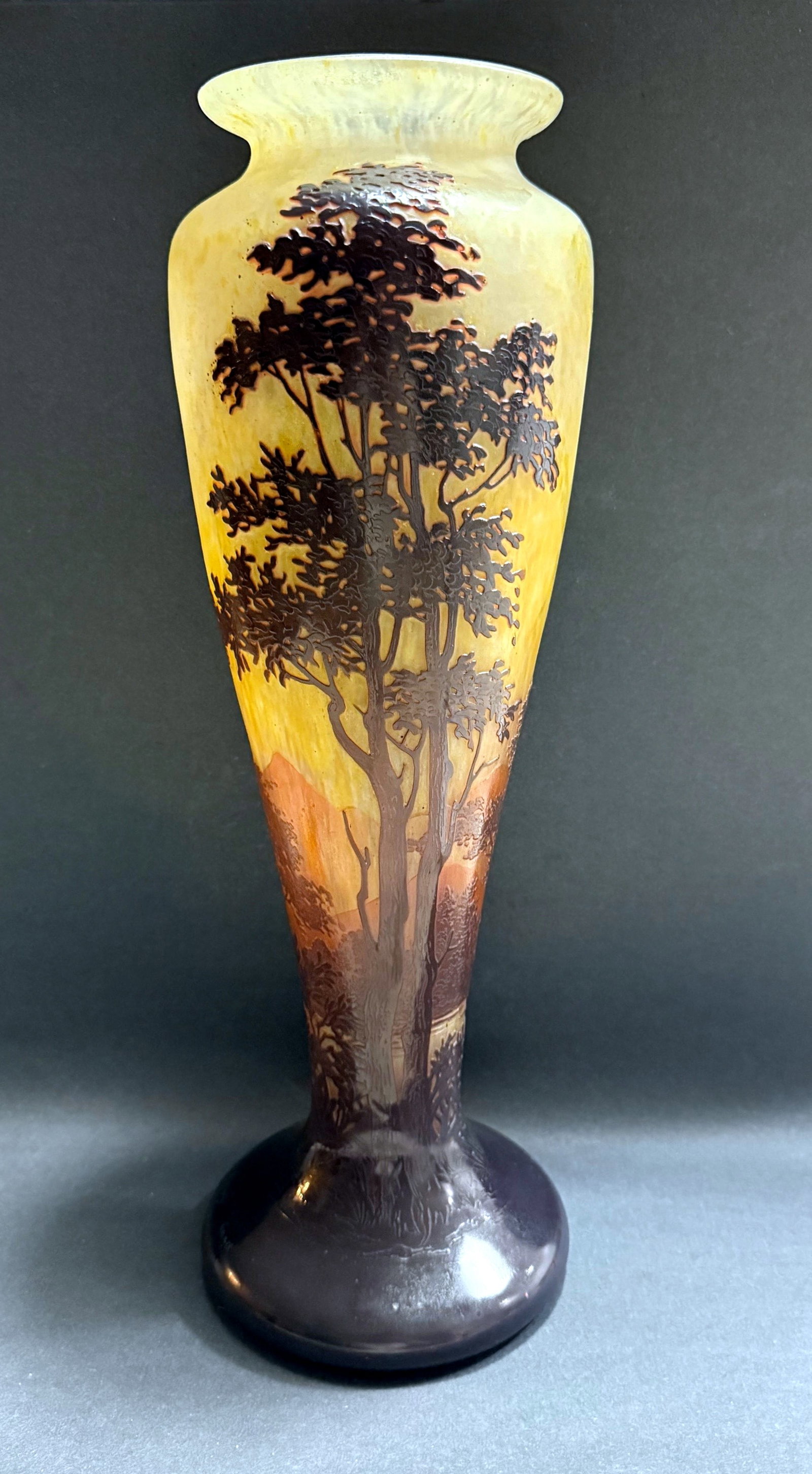 Daum Nancy Art Nouveau Cameo Glass Vase, c.1908: Daum Nancy Art Nouveau Cameo Glass Vase, c.1908. Engraved sign on the base: Daum Nancy France, separated with the Cross of Lorraine. Marking on the bottom. Dimensions: 17.75 x Top 4.75 x Base 6.12-5.7