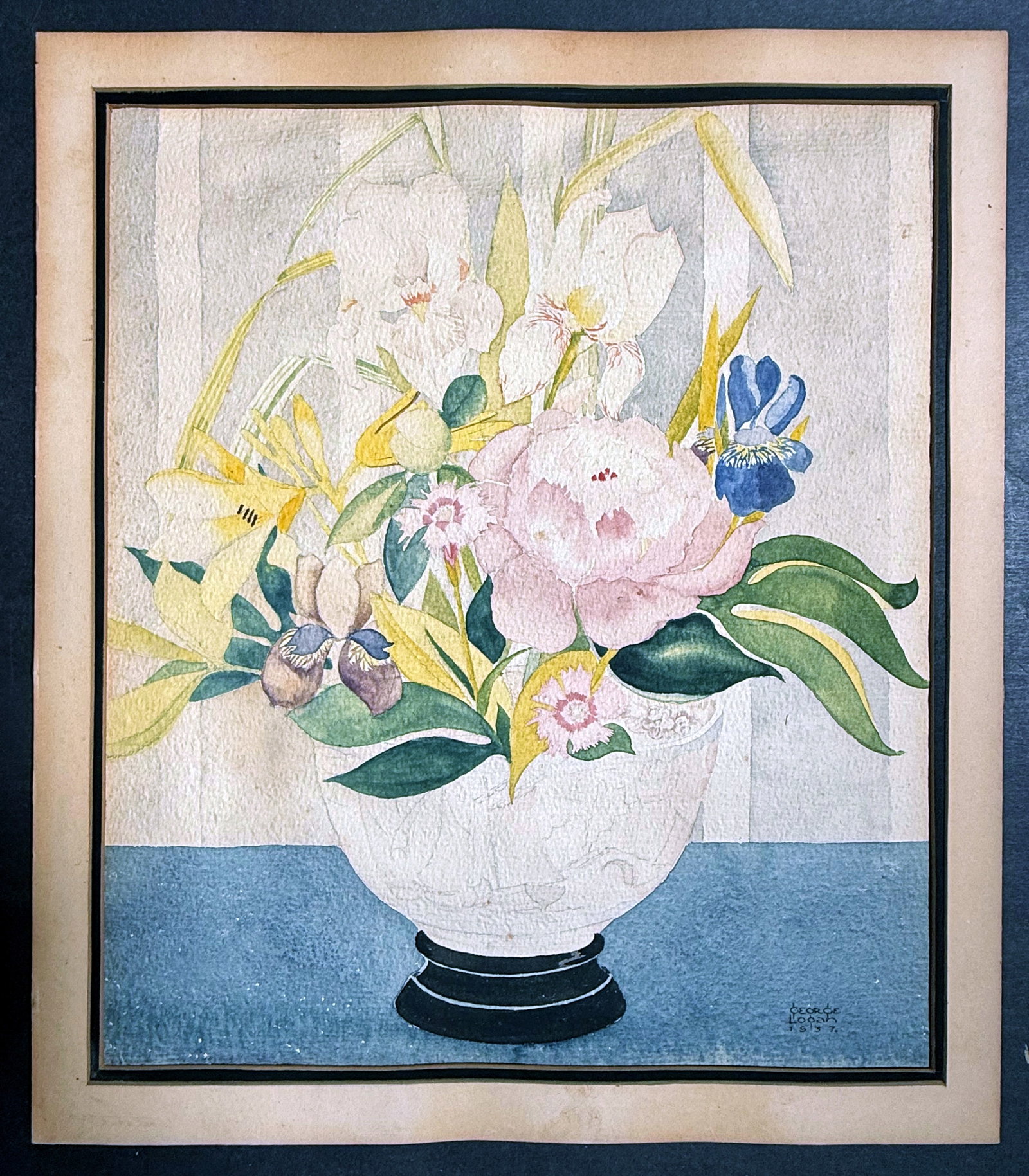 George Logan (Scottish, 1866-1939): Flowers in a Vase 1937 Watercolor: George Logan (Scottish, 1866 – 1939): floral still life in a vase 1937 Watercolor Watercolor and pencil, signed lower right GEORGE LOGAN Sheet 15 x 14 inches. George Logan was a pivotal figure i