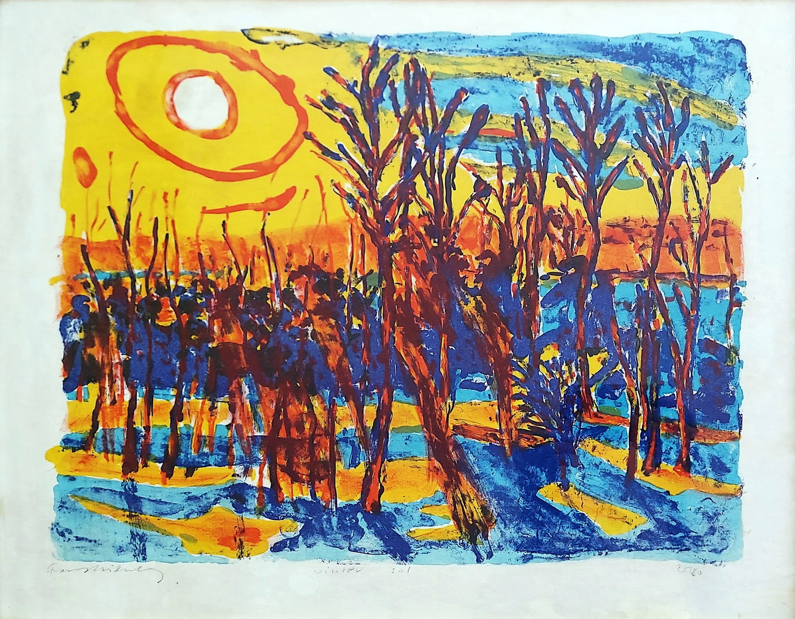 Frans Widerberg (Norwegian, 1934 - 2017): Vinter Sol, Lithograph 25/80: Frans Widerberg (Norwegian, 1934 – 2017): Vinter Sol (Winter Sun) Lithograph Edition 25/80. Signed and number by artist at lower margin. Sight 23.5 x 18.5, Frame 25 x 20 inches.