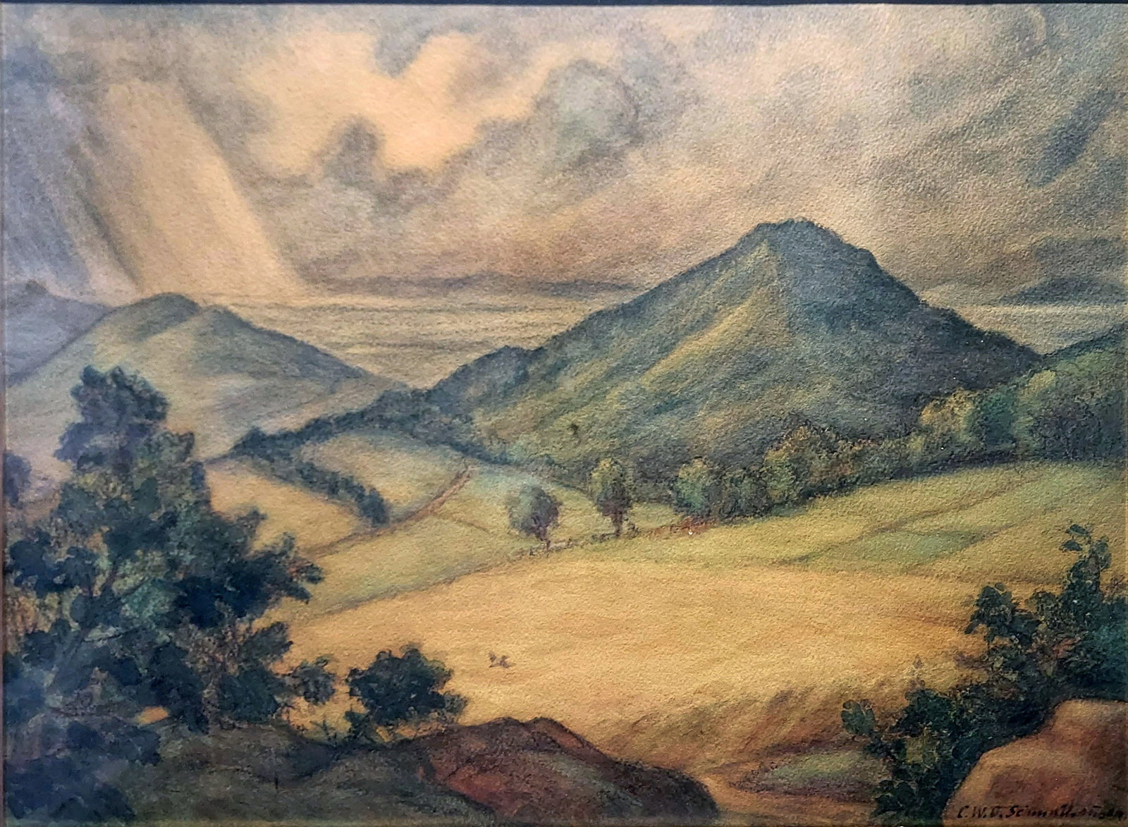 Carl Schmitz-Schulten: Landschaft mit Hügeln und Feldern 1900s Watercolor (1 of 3)