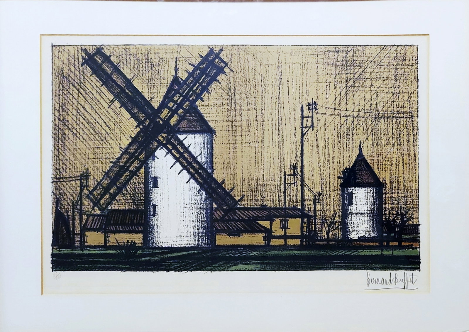 Bernard Buffet: Le Moulin, 1955 Lithograph Ed. 35/220: Bernard Buffet: Le Moulin (The Windmills), 1955. Signed and numbered in pencil at Lower Right/Left. Edition 35/220. Lithograph 22.5 x 15 inches. Bernard Buffet (French, 1928 - 1999)
