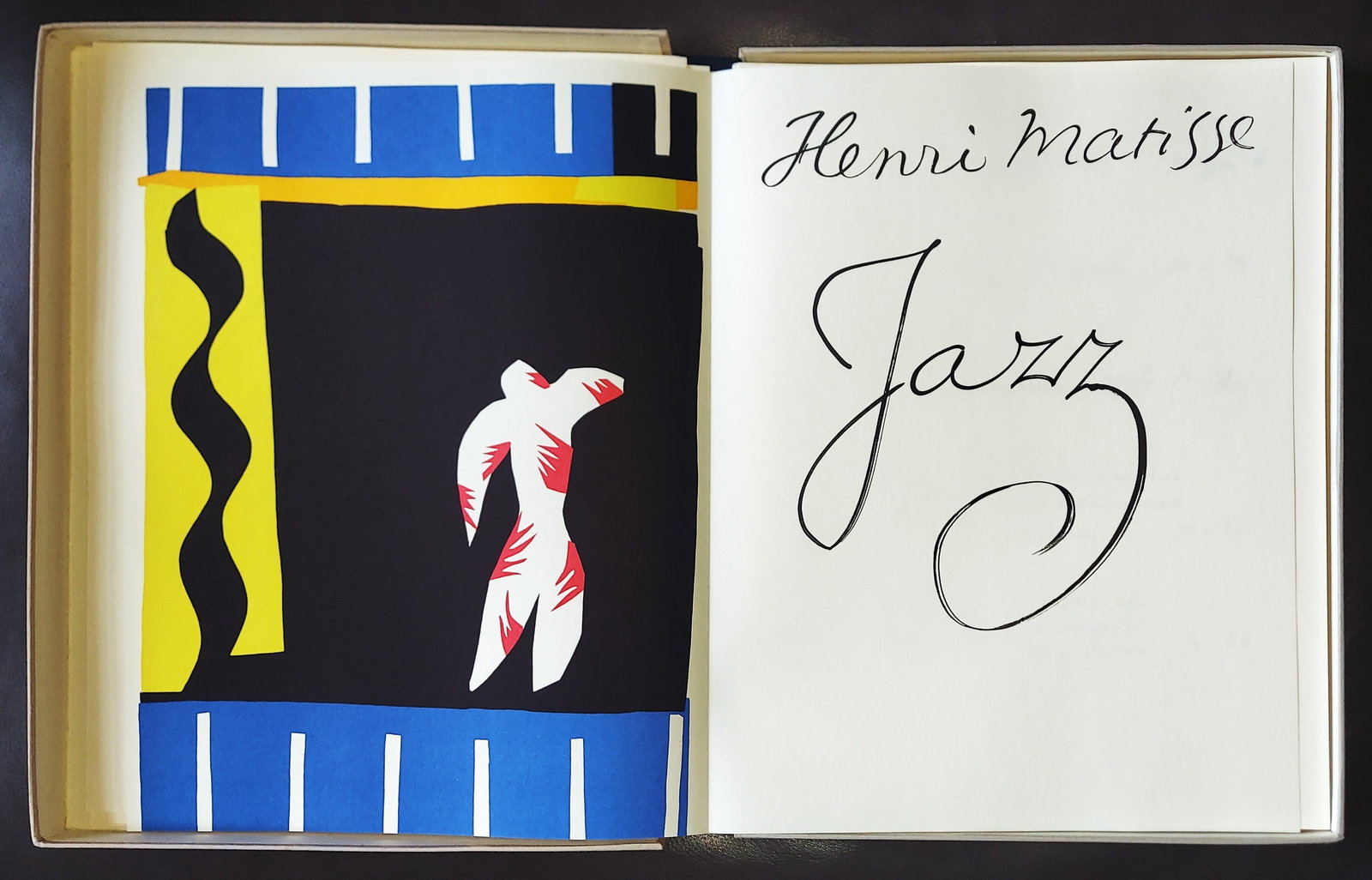 Henri Matisse: Jazz, 1983 Special Facsimile Edition: 1983 Special Facsimile Edition of Jazz, landmark cut-out portfolio by Henri Matisse. Issued loose-leaf in a cloth-backed clamshell box with an introduction by MoMA curator Riva Castleman and English t