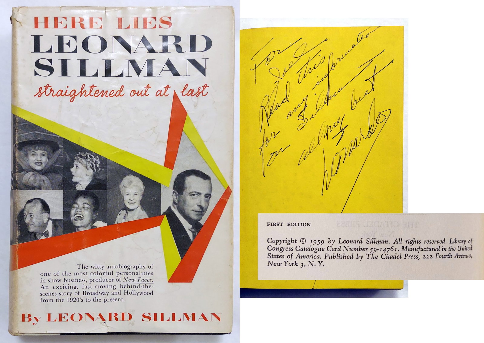 Leonard Sillman, Inscribed 1st Edition: Memoirs 1959: Titled ‘Here Lies Leonard Sillman Straightened Out At Last’. Inscribed by author, Leonard Sillman, on the front end page. First edition, 1959, The Citadel Press, NY. Detroit native Sillman