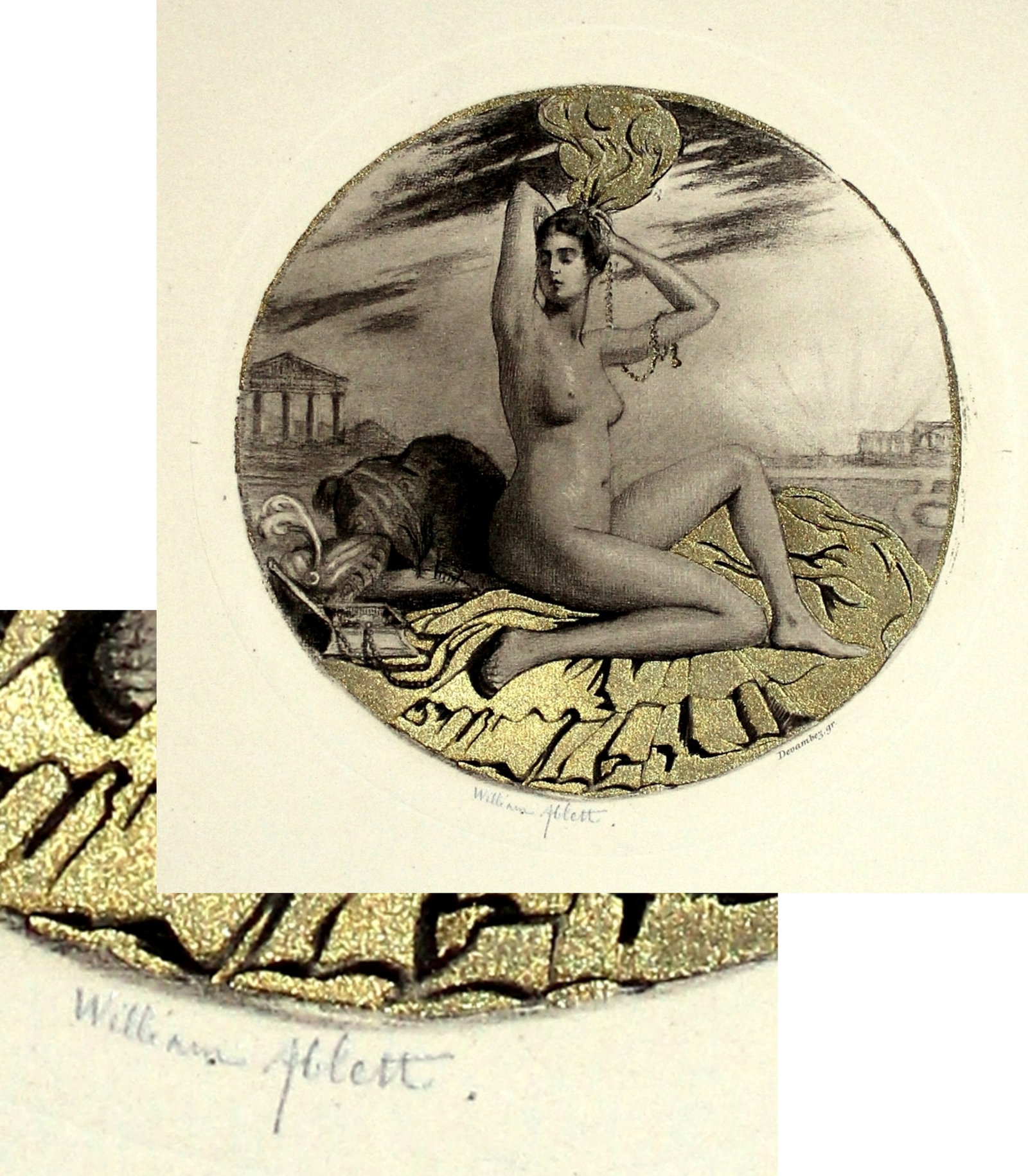 William Ablett (1877 – 1936): Illuminated Etching 1921 Edition 120/303: La Variabilite du Gout dans les Arts. Les phases ornamentales de la mode. (The variability of taste in the arts. The ornamental phases of fashion) by Leon Arnoult, illustrated by William Ablett. The E