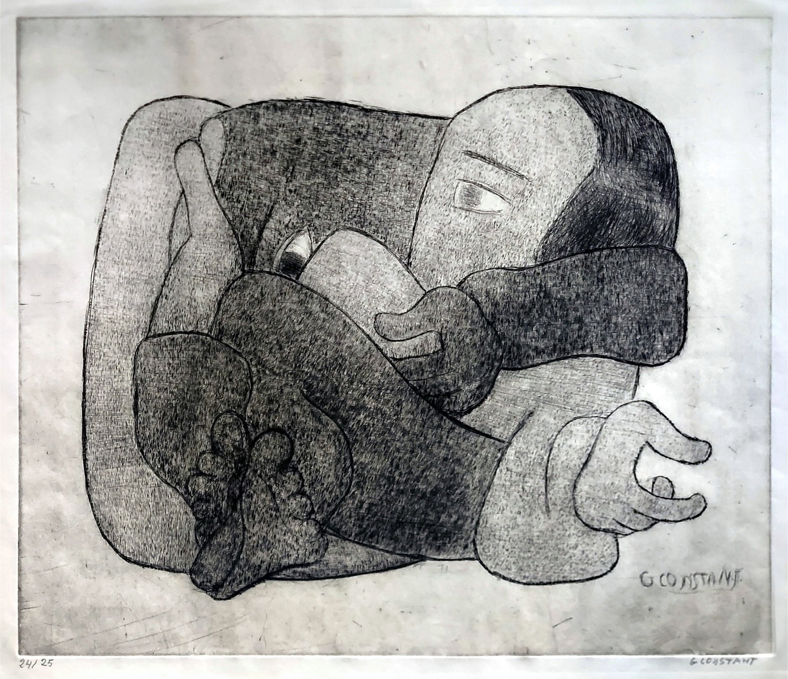 George Constant: Embrace 1960s Drypoint Etching Edition 24/25: George Constant (Greek-American, 1892-1978): Embrace. Drypoint Etching, on cream Arches, c.1960s, Edition 24 of 25. Signed and numbered in pencil at the Lower Right and Left. Dimensions: Plate 17.5 x 