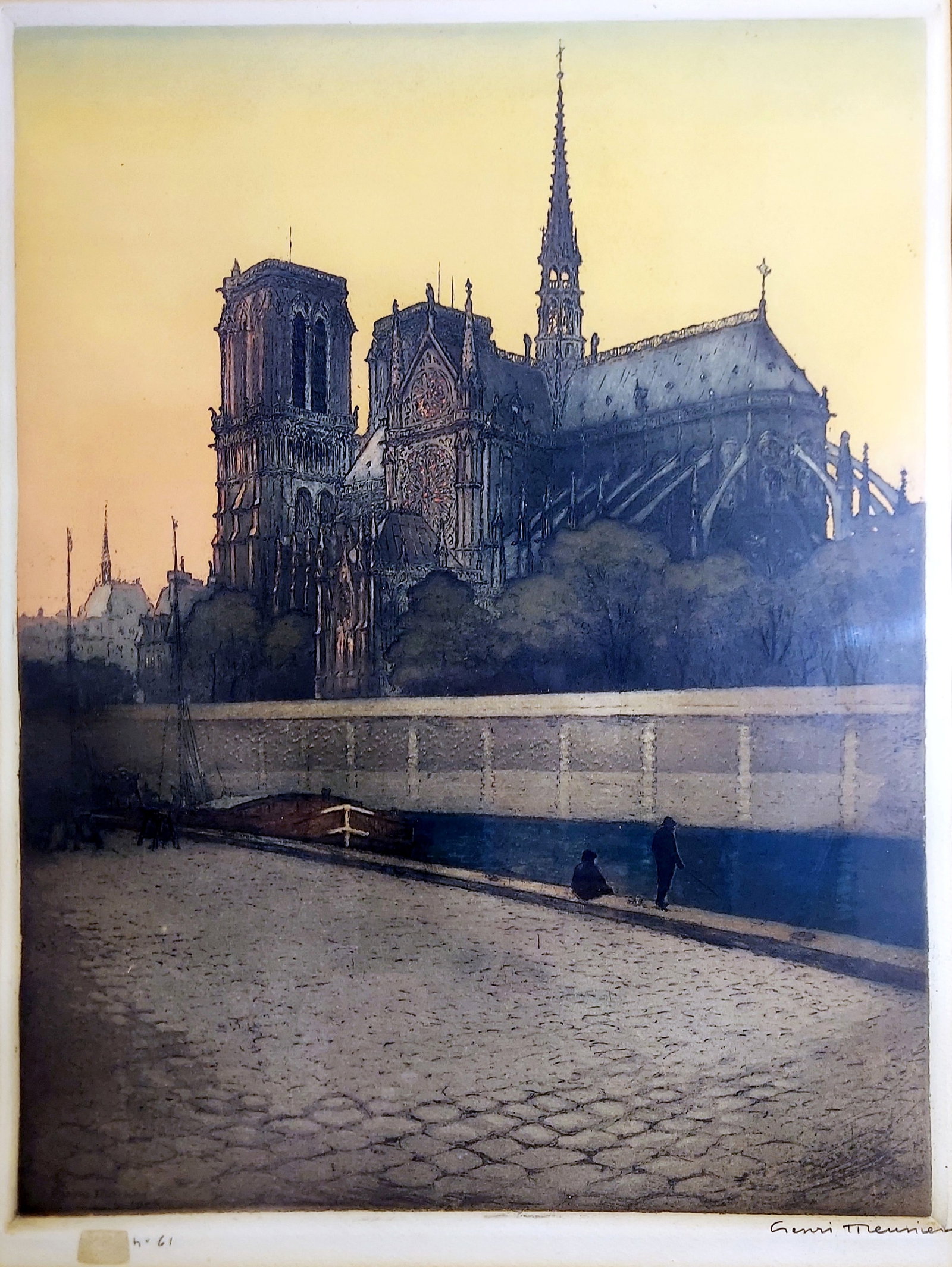 Henri Meunier: Notre-Dame de Paris 1906 Etching 61/100: Henri Meunier (Belgian, 1873-1922): Notre-Dame de Paris, etching and color aquatint, 1906, edition 61 of 100. Signed in pencil Henri Meunier, at the lower right. Numbered 61 next to the artist's seal 