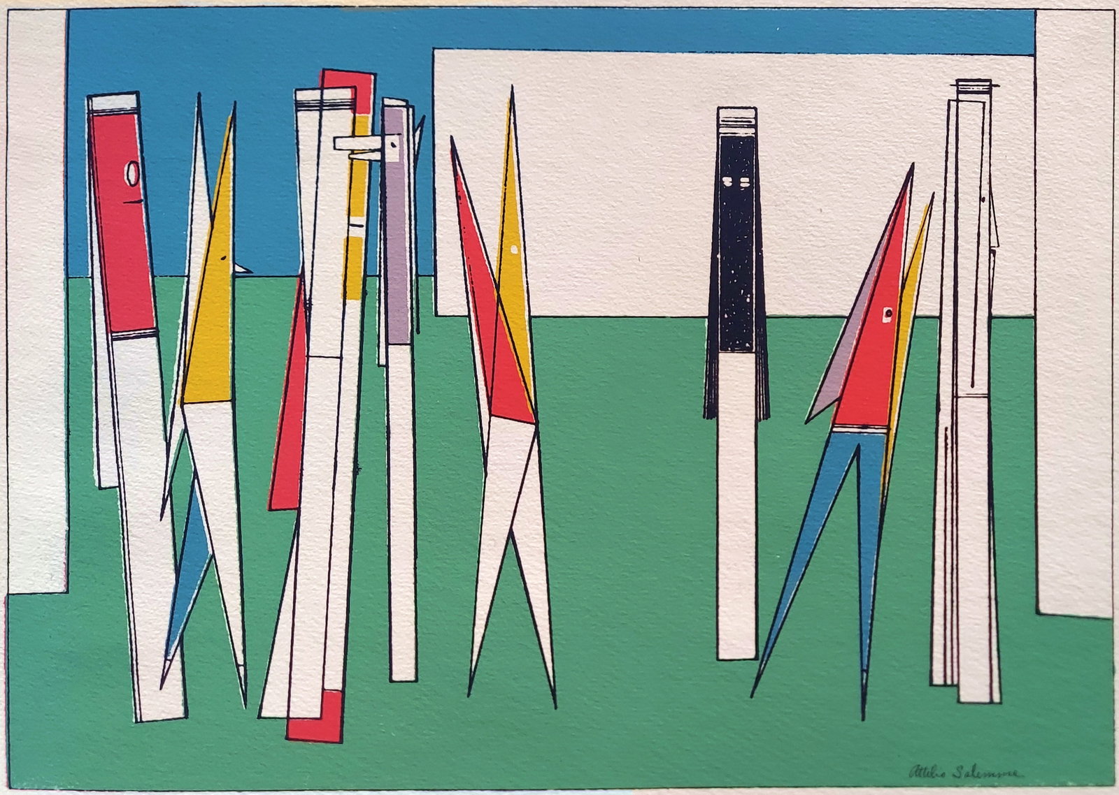 Attilio Salemme: One Against Many 1946 Color Silkscreen: Attilio Salemme (American, 1911 – 1955): One Against Many. Color screenprint, on cream Arches, 1946. Signed in plate: Attilio Salemme, at the lower right. Edition 200 Dimensions: Plate 9.5 x 13.