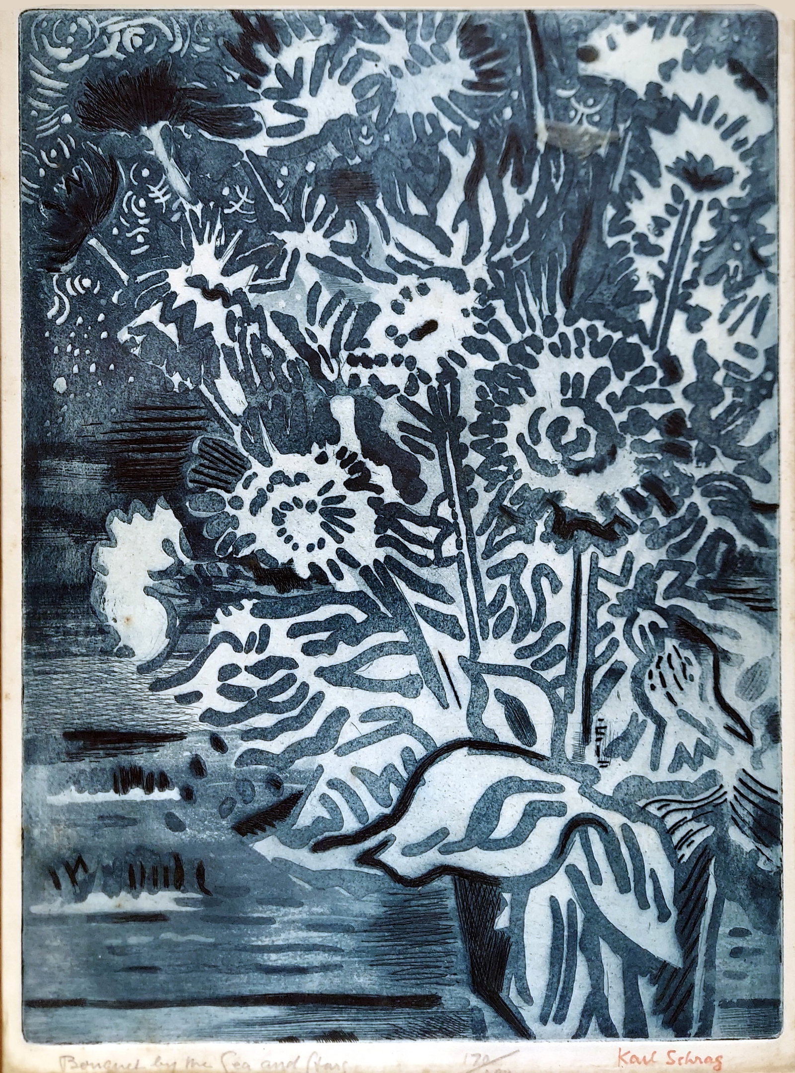 Karl Schrag: Bouquet by the Sea and Stars 1967 Etching Aquatint: Karl Schrag (American, 1912–1995): Bouquet by the Sea and Stars, 1967. Etching and aquatint in blue ink on wove paper. Edition: 170/200 Titled in pencil lower left margin "Bouquet by the Sea