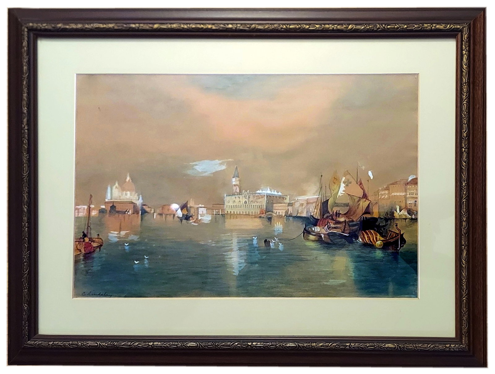 Carl Lindsley: Venice, watercolor c.1900s: Carl Lindsley: Venice, watercolor c.1900s Signed at the lower left Dimensions: Sight 16.25 x 10.5, Frame 23 x 17.25 inches.