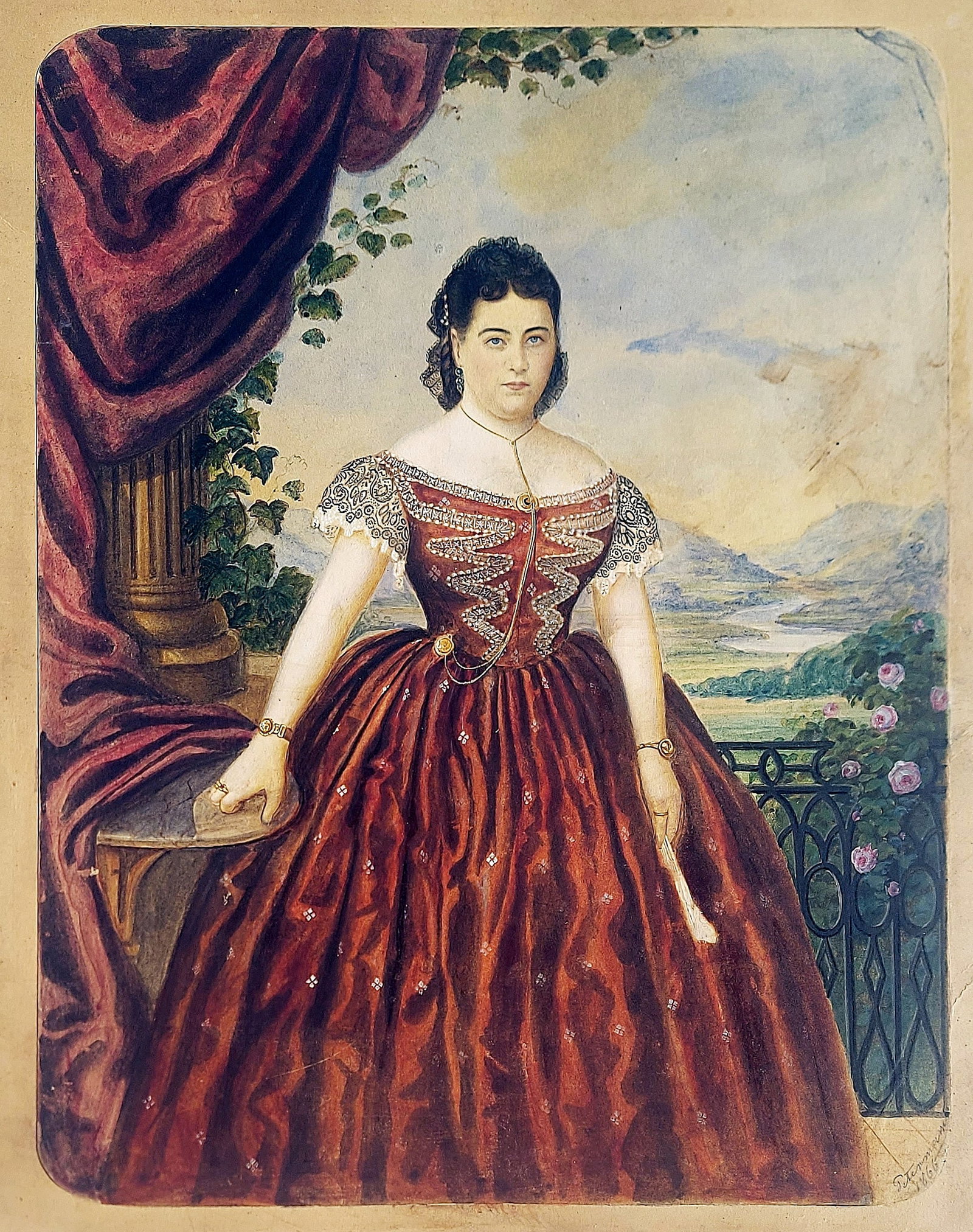Petermann: Portrait of a Lady, 1866 Watercolor, Pencil: European/Biedermeier fine art tradition: Portrait of a Lady, 1866 Watercolor, Pencil Watercolor and gouache on paper (mounted to cardboard) Signed, dated in pencil at the lower right: Petermann / 1866
