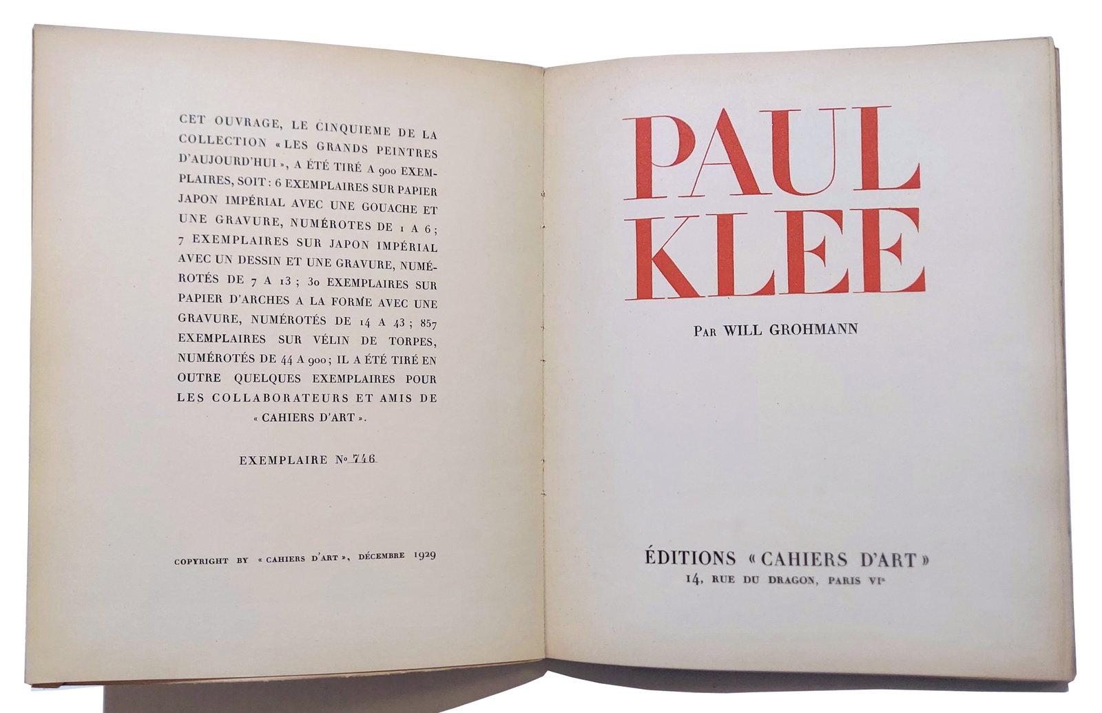 Paul Klee by Will Grohmann, 1929 First Edition: 1929 Monograph on Paul Klee (German, 1879 – 1940) edited by Will Grohmann (1887 – 1968), German art critic and art historian specialized in German Expressionism and abstract art known as t