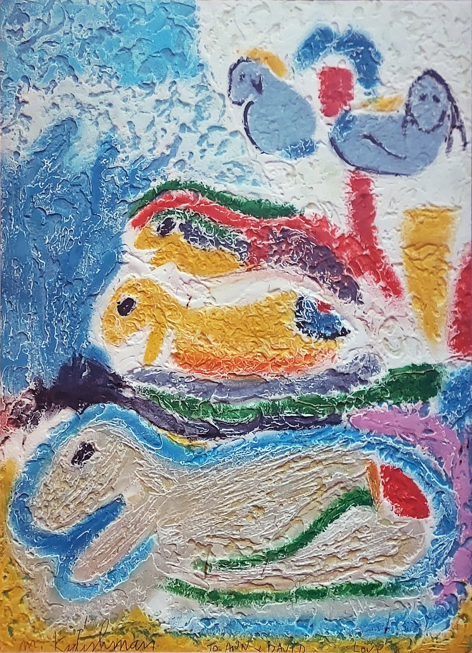 Menashe Kadishman: Pastoral 1985 Acrylic on Cast Laid Paper: Menashe Kadishman (Israeli, 1932 - 2015): Pastoral, 1985. Signed and inscribed by artist at lower edge: M. Kadishman to Ann & David – Love. Blind stamped at the lower right. Acrylic on Cast Laid
