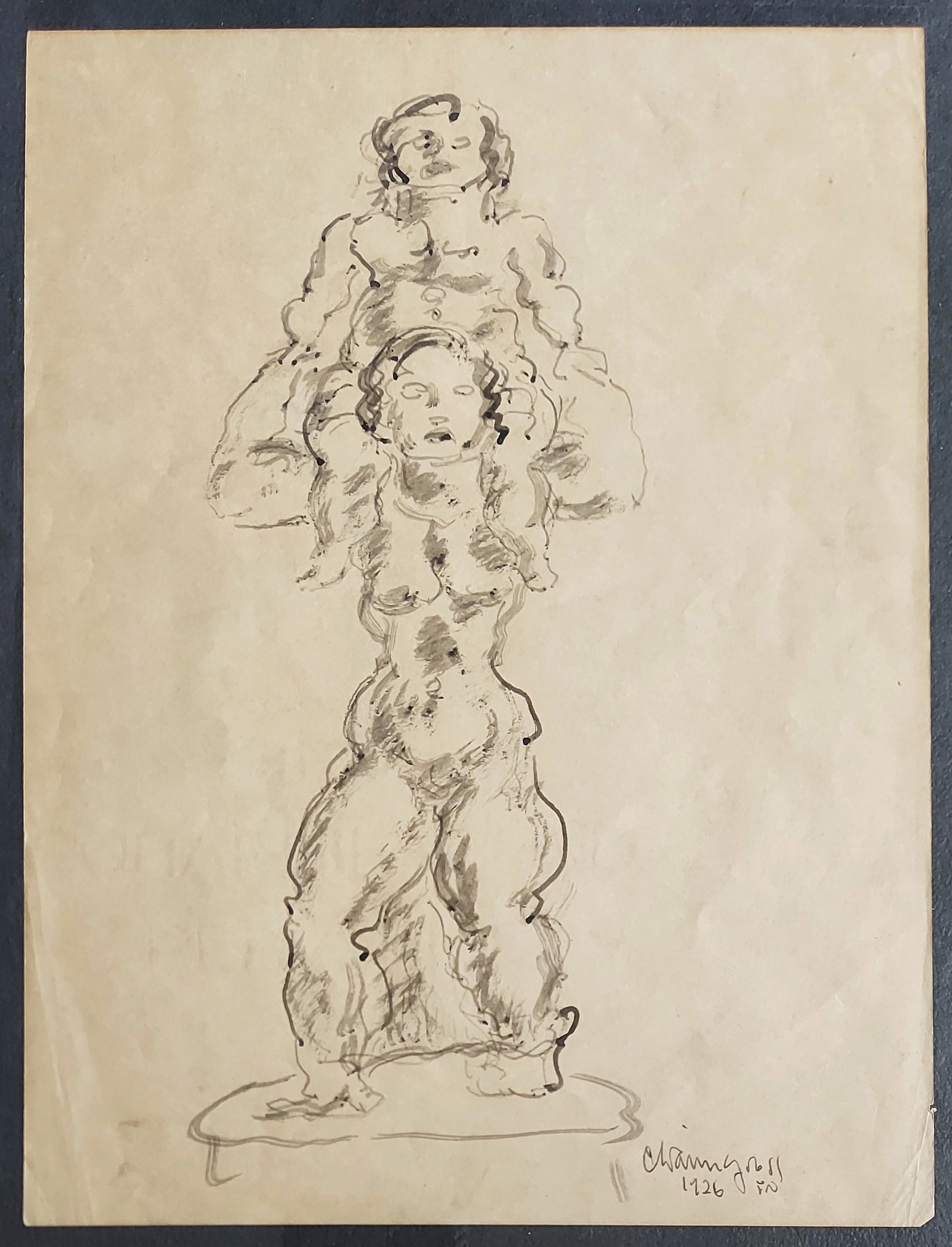 Chaim Gross: Sisters, 1926 Ink on Paper: Chaim Gross: Sisters, 1926. Ink Drawing on Paper Dimensions 11 x 8.5, Frame 18 x 15 inches. Signed and dated at the lower right. Chaim Gross (American, 1904-1991), one of the most important American s